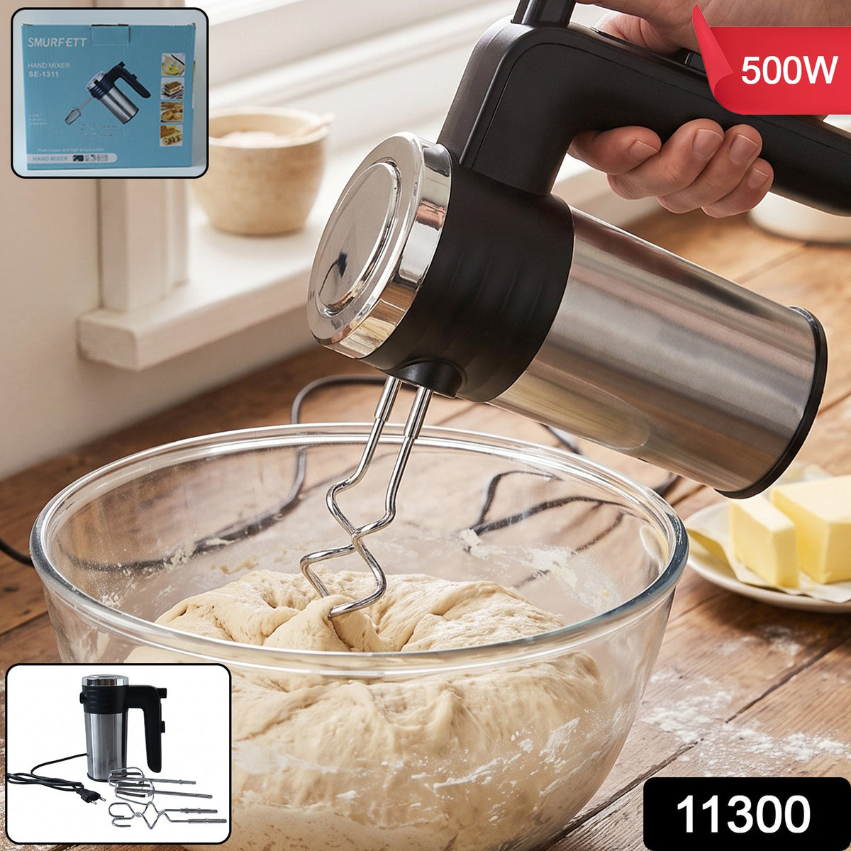 Electric hand mixer 500W with beaters and dough hooks for baking (1 pc) Main image