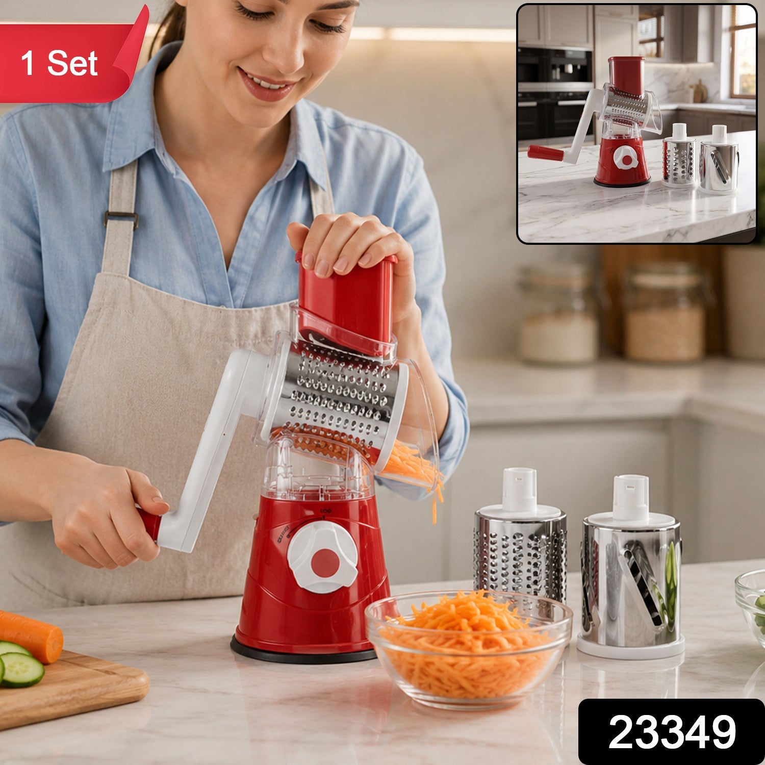 Manual Rotary Drum Grater and Slicer, Stainless Steel 3 Drum Vegetable Cutter (1 Set) Secondary image
