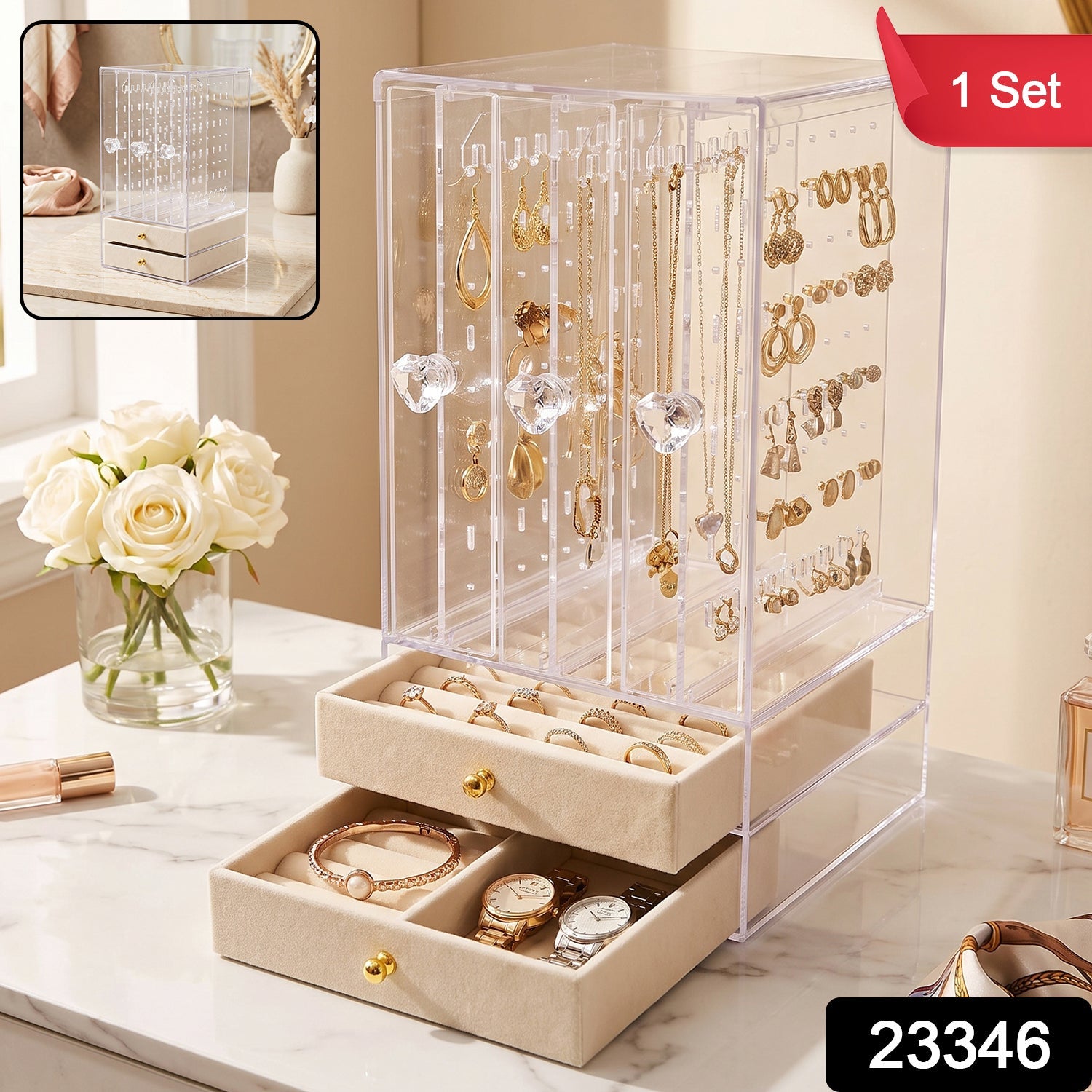 Acrylic Jewelry Organizer Box, 3 Hanging Panels and 2 Drawers for Earrings (1 Set) Secondary image
