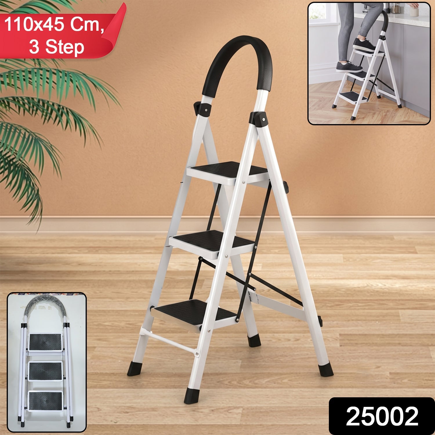 3 Step Folding Ladder with Padded Handrail Anti Slip Steel Step Stool (1 Pc) Secondary image