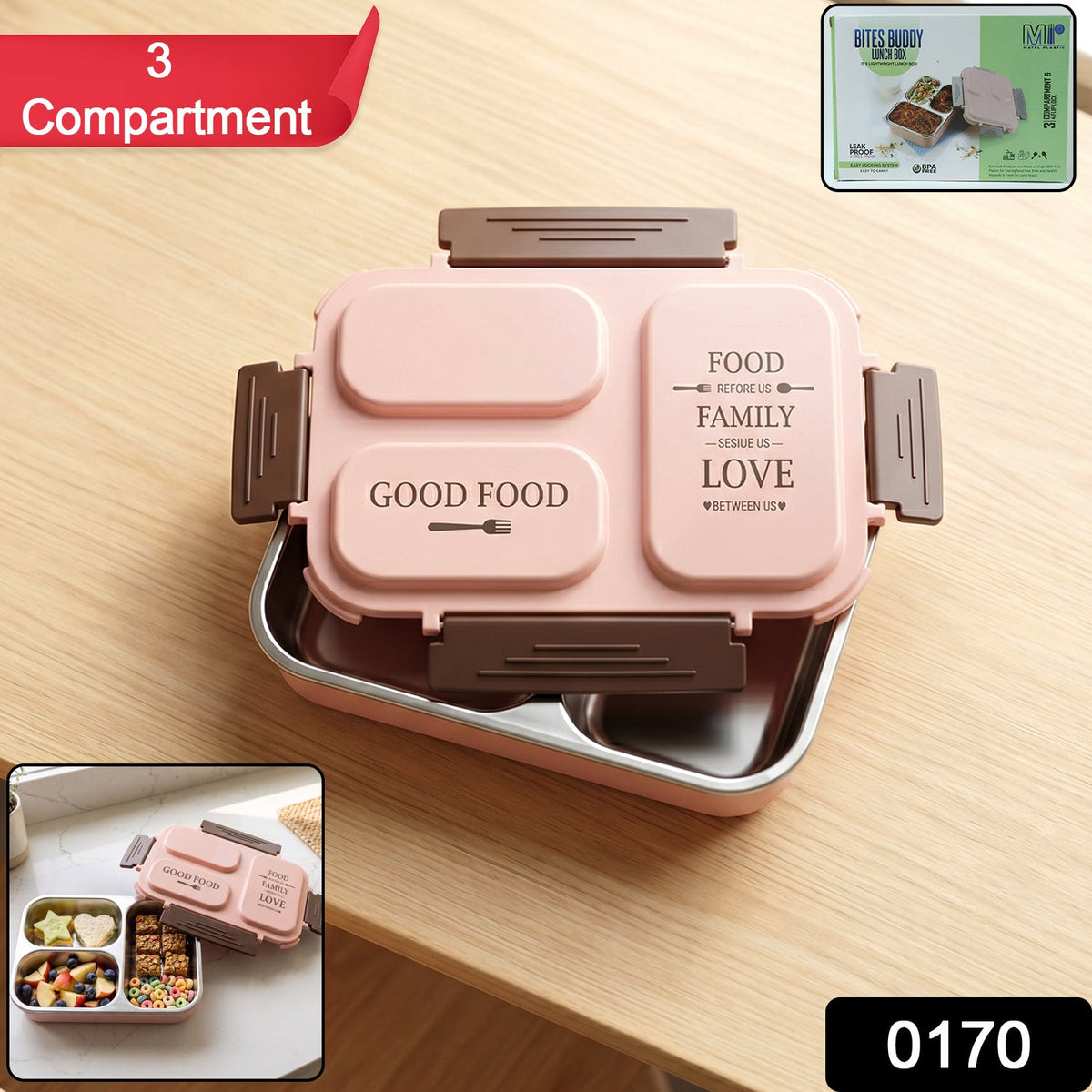 Opened 3-compartment stainless steel lunch box containing fresh separate meals Main image