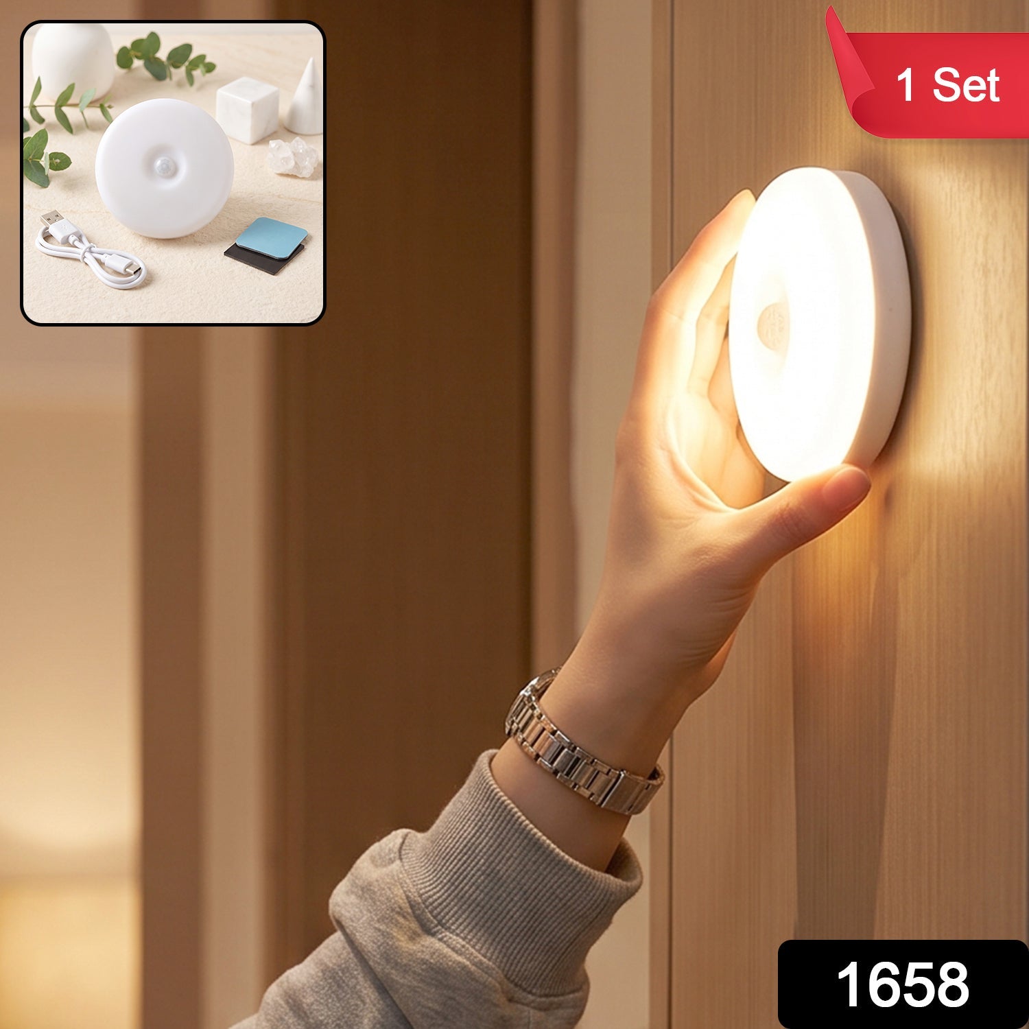 Motion Sensor LED Light, Rechargeable Wireless Night Light with PIR Sensor (1 Set) Secondary image
