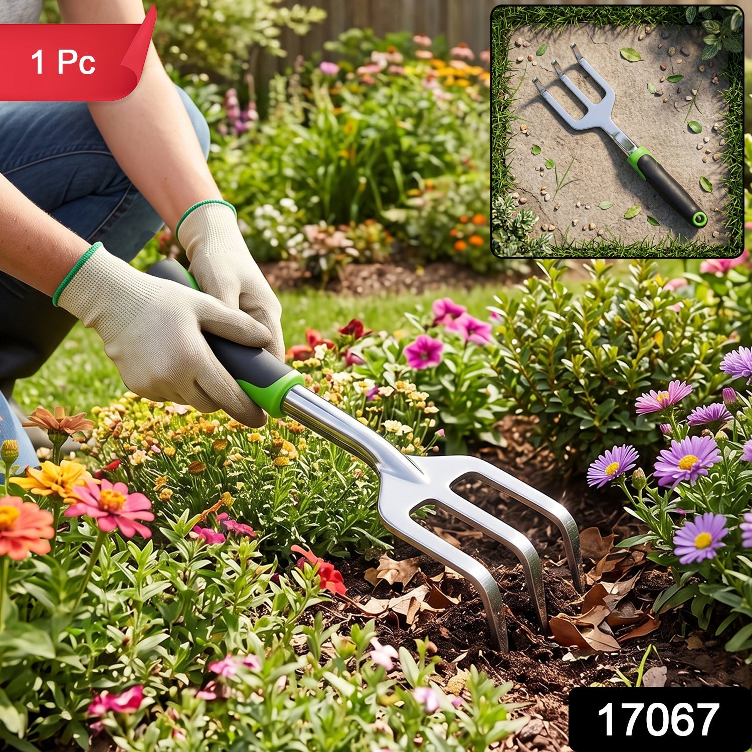 3 Prong Garden Hand Cultivator Fork Stainless Steel Tool Ergonomic Handle (1 Pc) Secondary image
