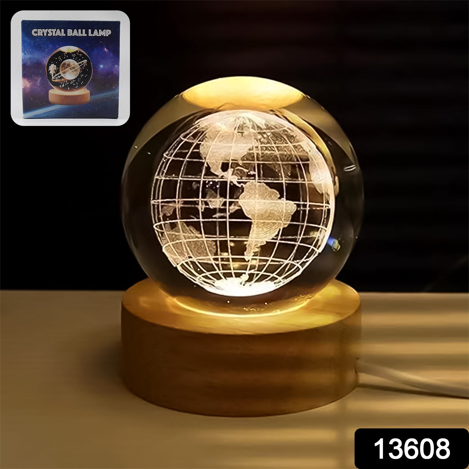 3D Crystal Ball Lamp – World Globe Design, Wooden Base | Indo Glow Secondary image