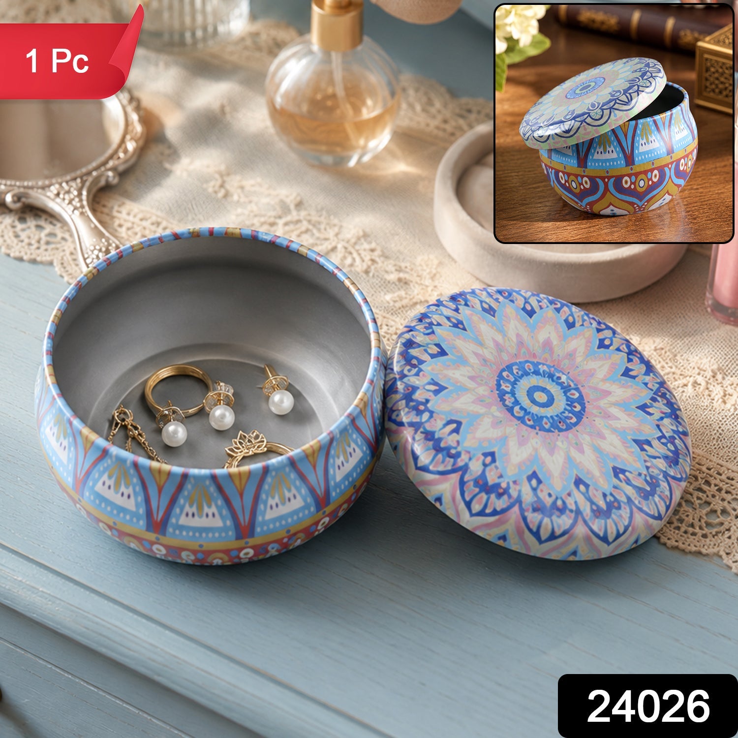Metal Mandala Tin Box, Decorative Round Container for Candle and Trinkets (1 Pc) Secondary image