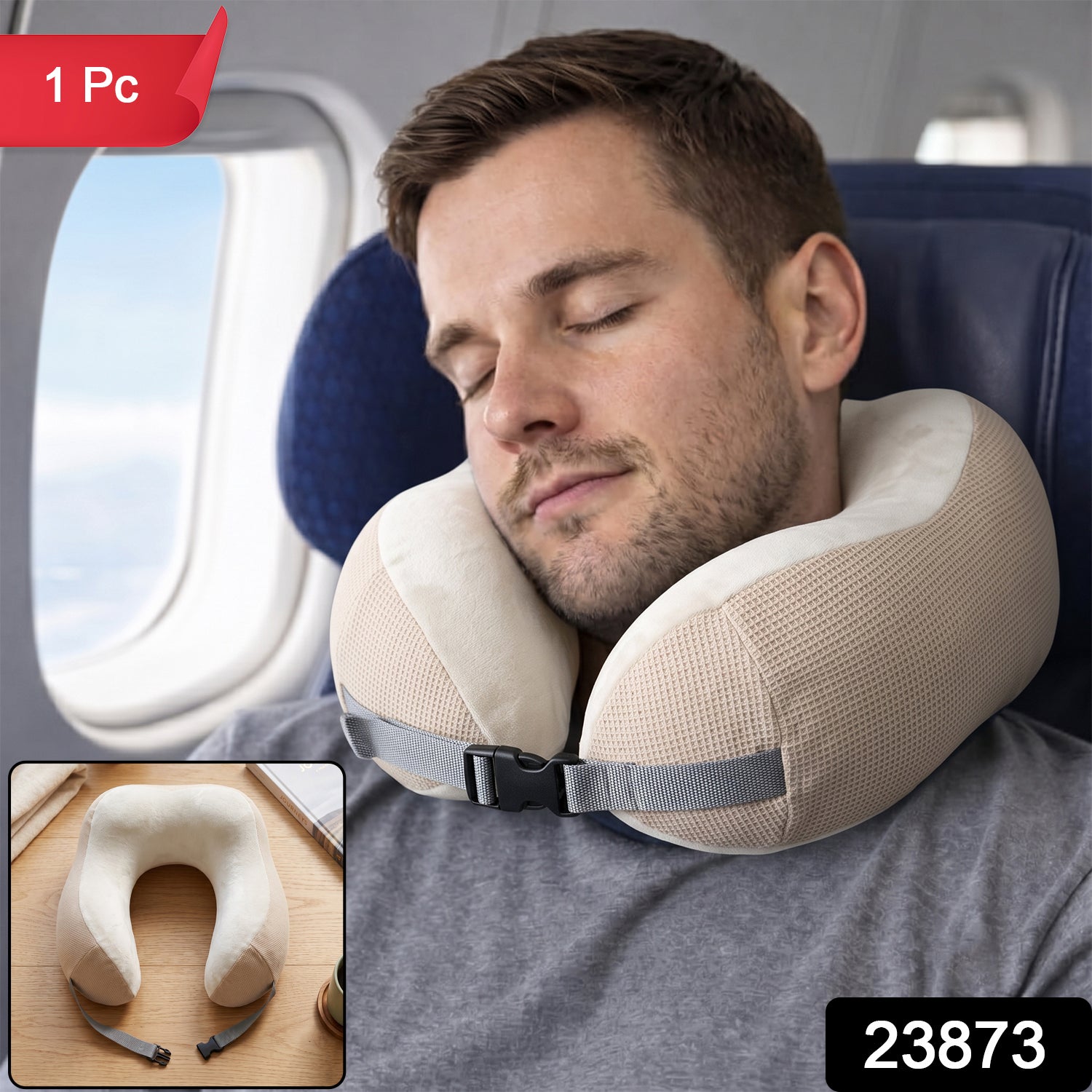 U Shaped Memory Foam Travel Neck Pillow Beige with Buckle Strap (1 Pc) Secondary image