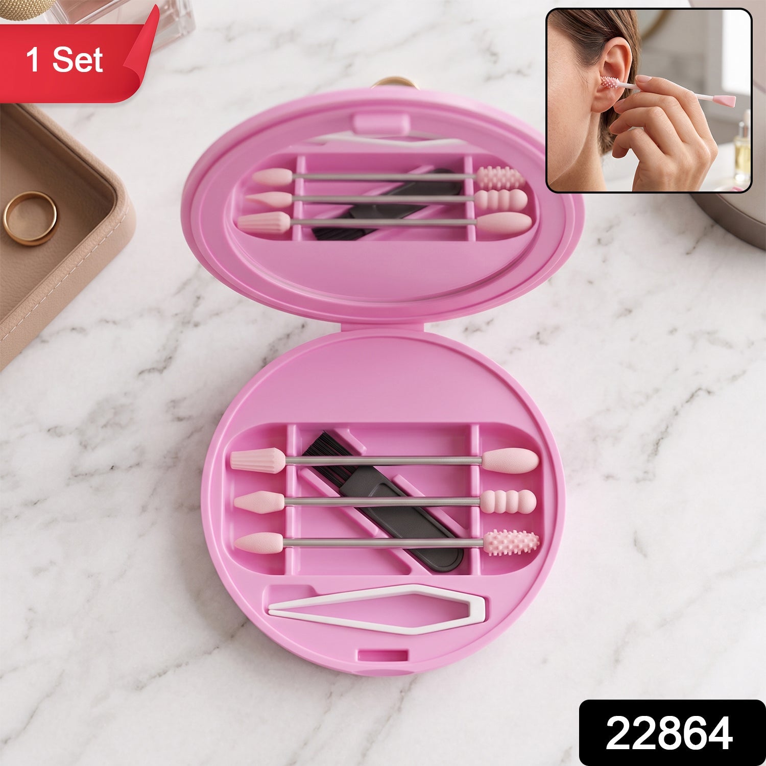 Reusable Silicone Cotton Swab Set with Mirror Case Washable Ear Buds (1 Set) Secondary image