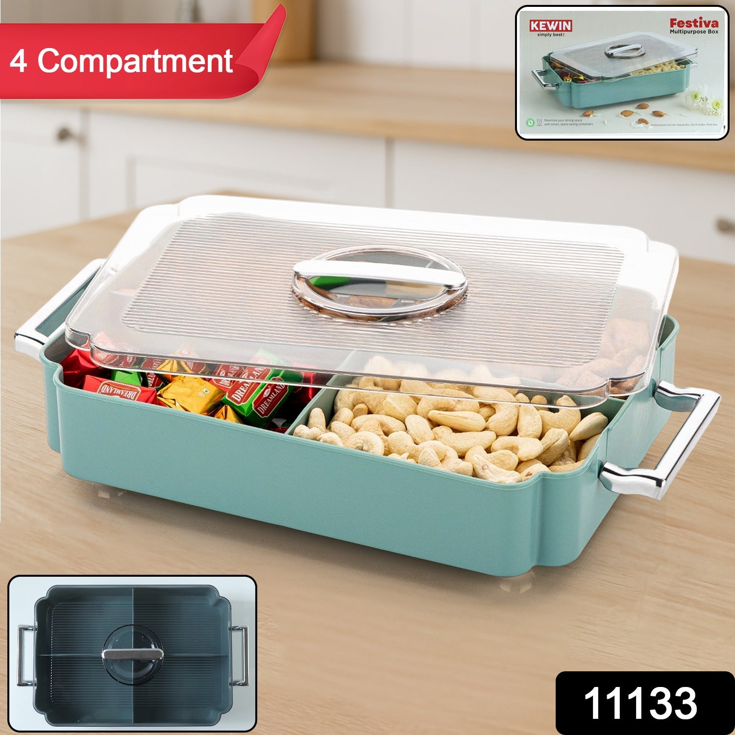 4 Compartment Plastic Food Storage Container – Multipurpose Kitchen Organizer Secondary image