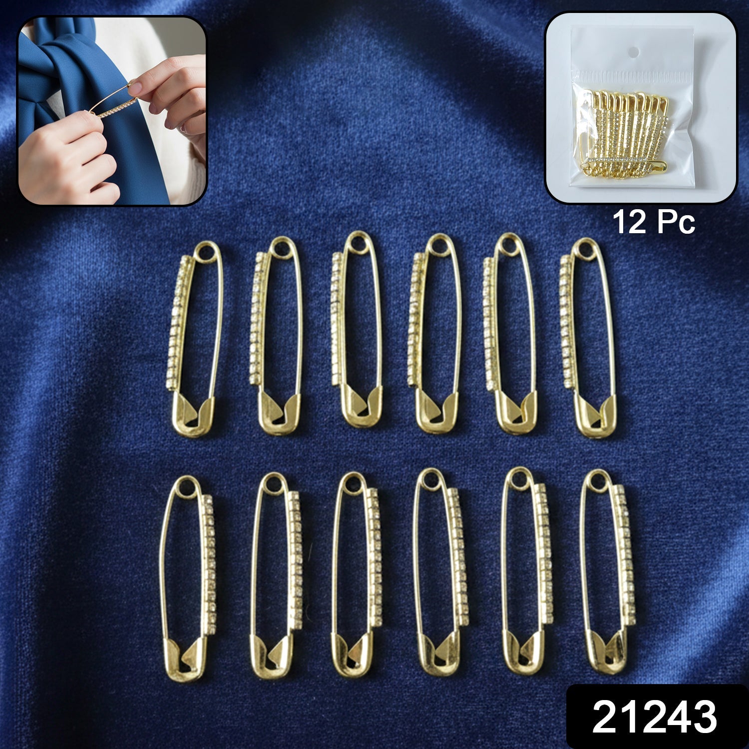 Golden Safety Pin Brooch Set – Elegant Stone-Embedded Design Secondary image