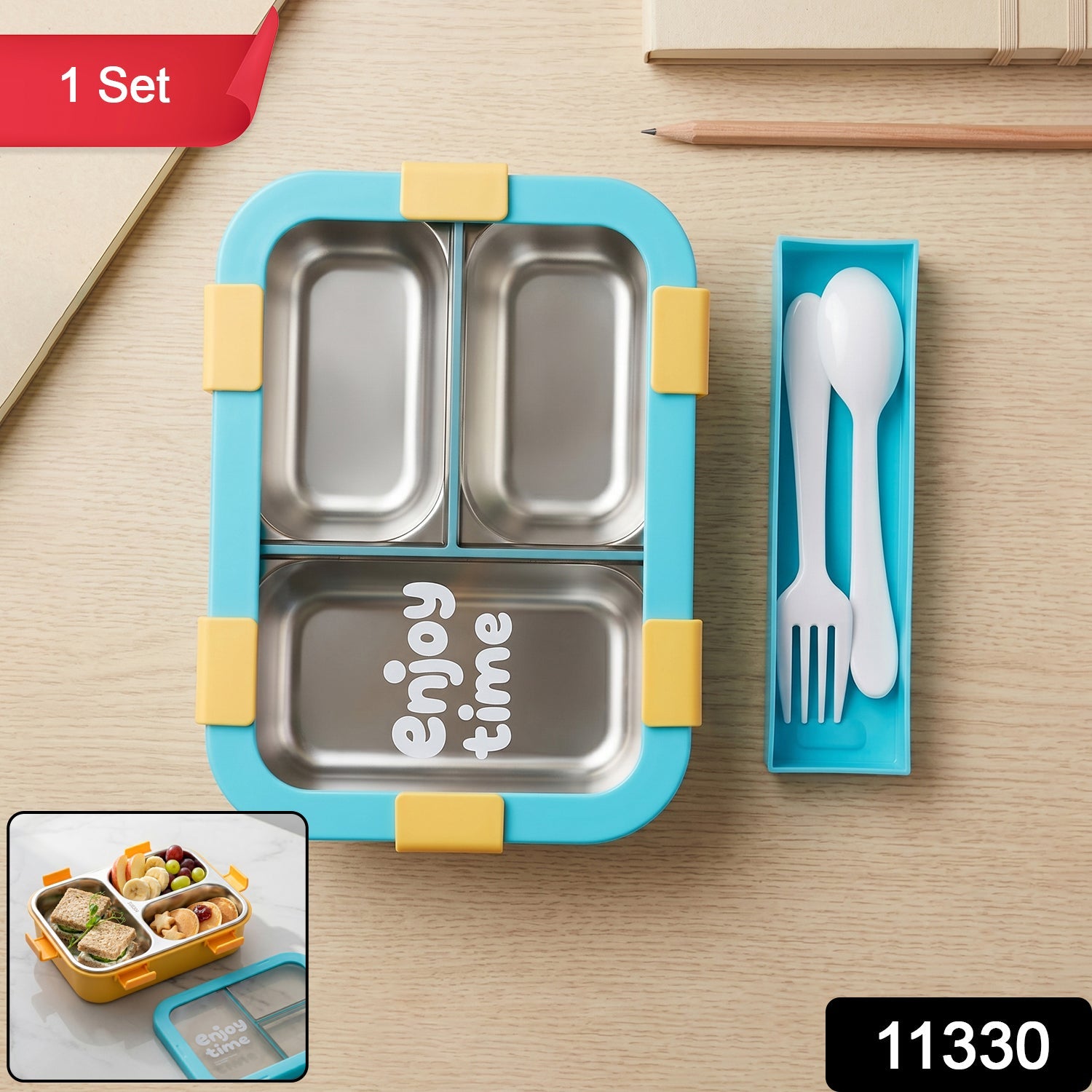 Airtight 3 Compartment Stainless Steel Lunch Box – Food Organiser Secondary image