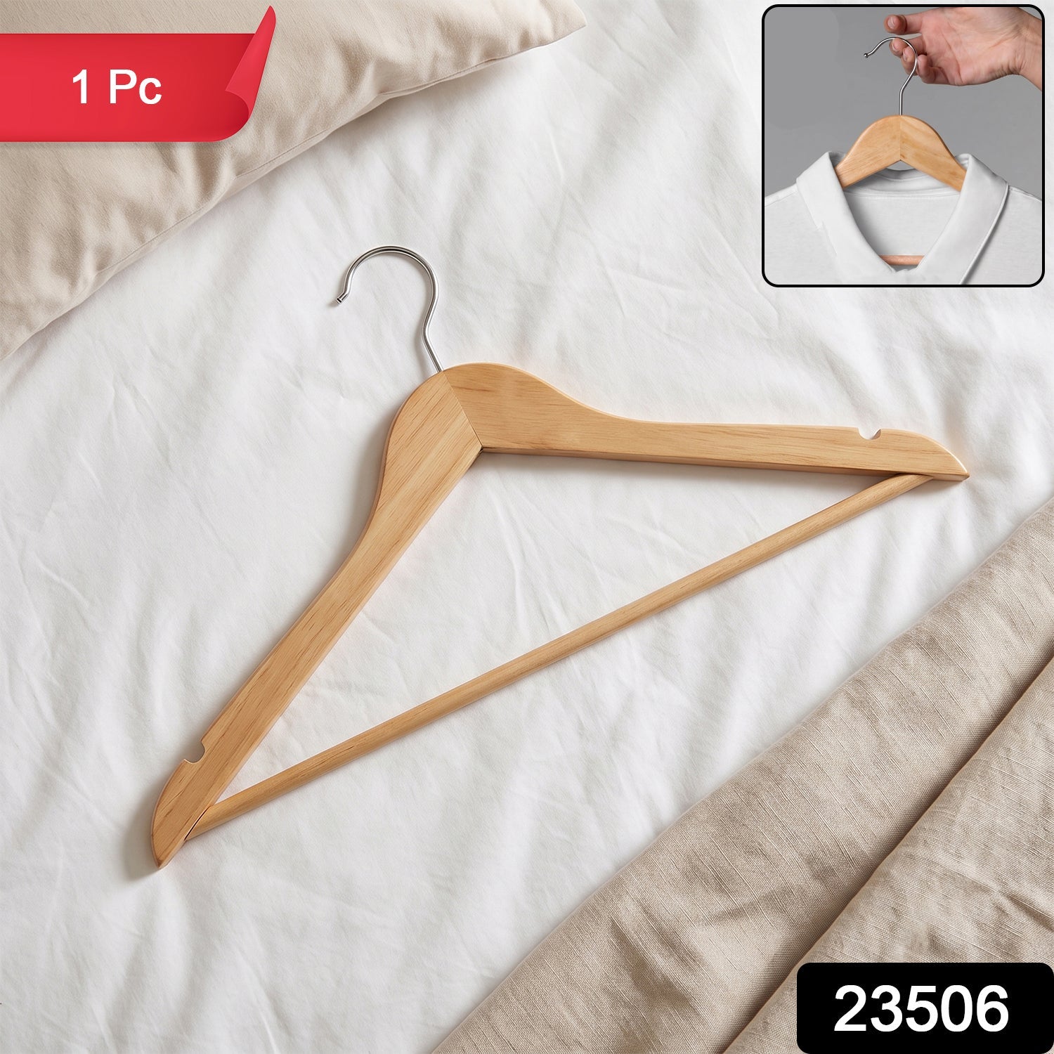Premium Wooden Cloth Hanger Garment Coat Hanger with Bar for Wardrobe (1 Pc) Secondary image