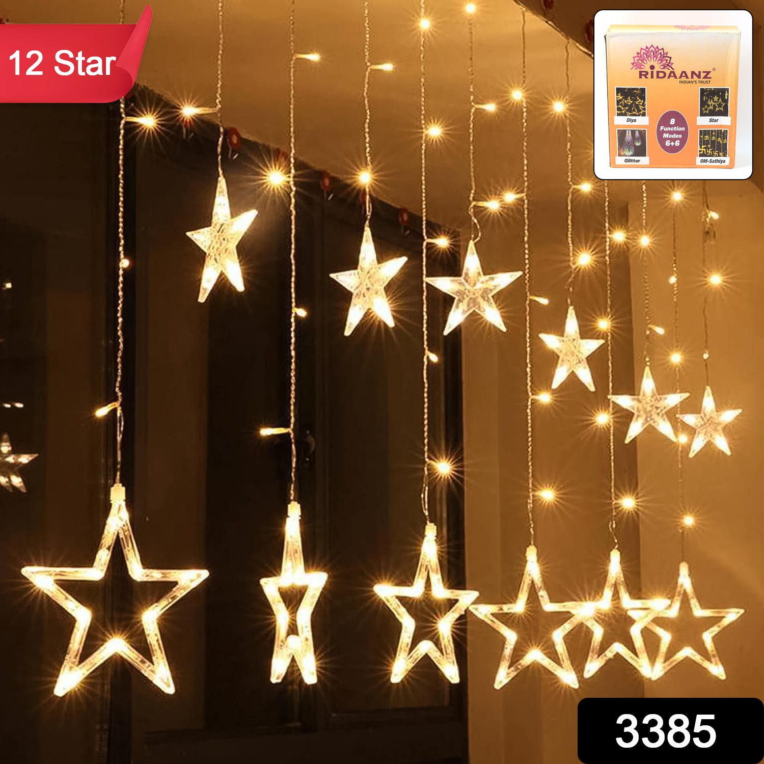 LED Curtain Lights – 12 Star Warm White for Home & Diwali | Giftoiza Secondary image