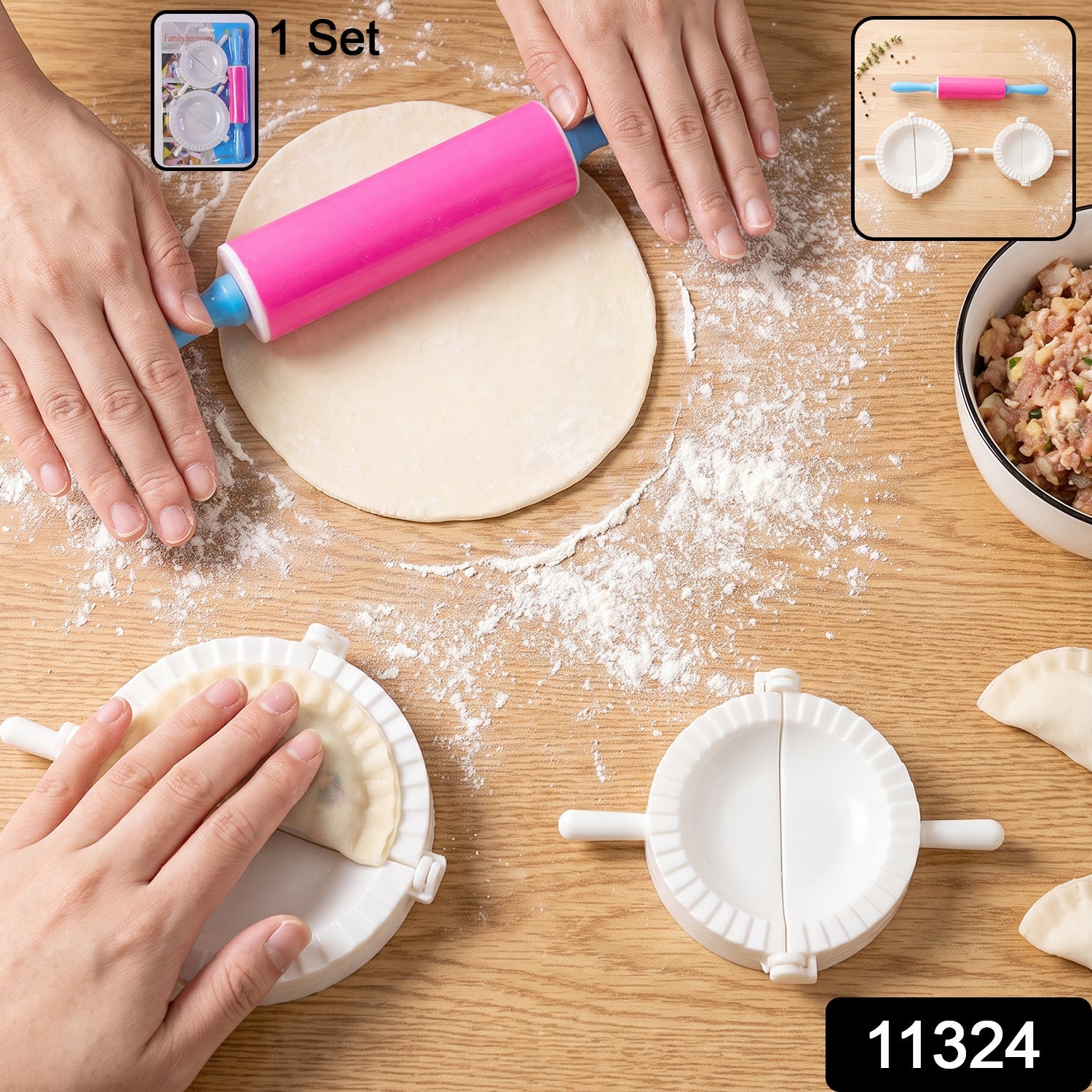 Dumpling Maker Mould Set with Mini Rolling Pin for Momo and Gujiya (1 Set) Secondary image