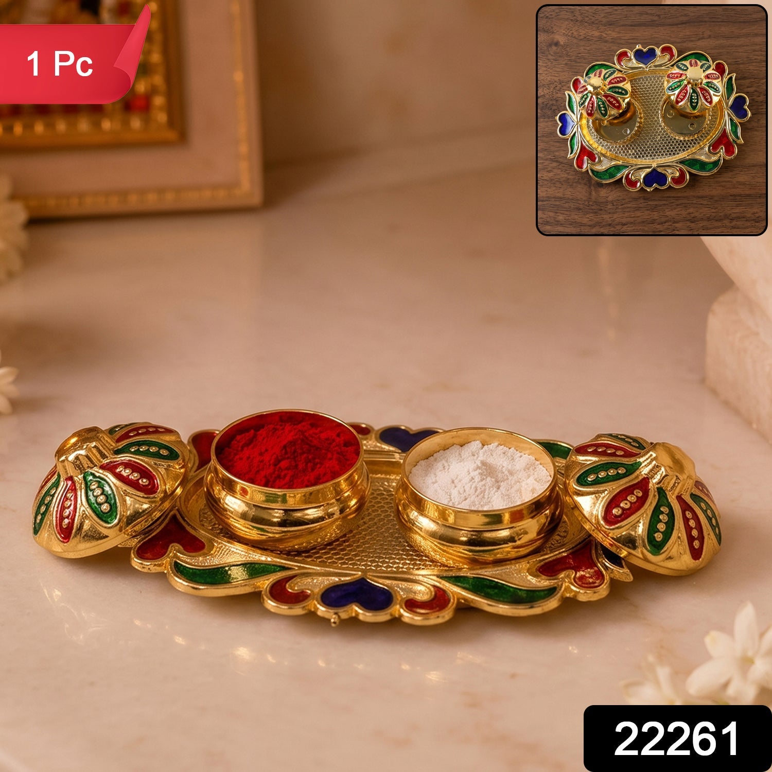 Decorative Kankavati Kumkum Holder, Golden Enamel Pooja Thali with Bowls (1 Pc) Secondary image