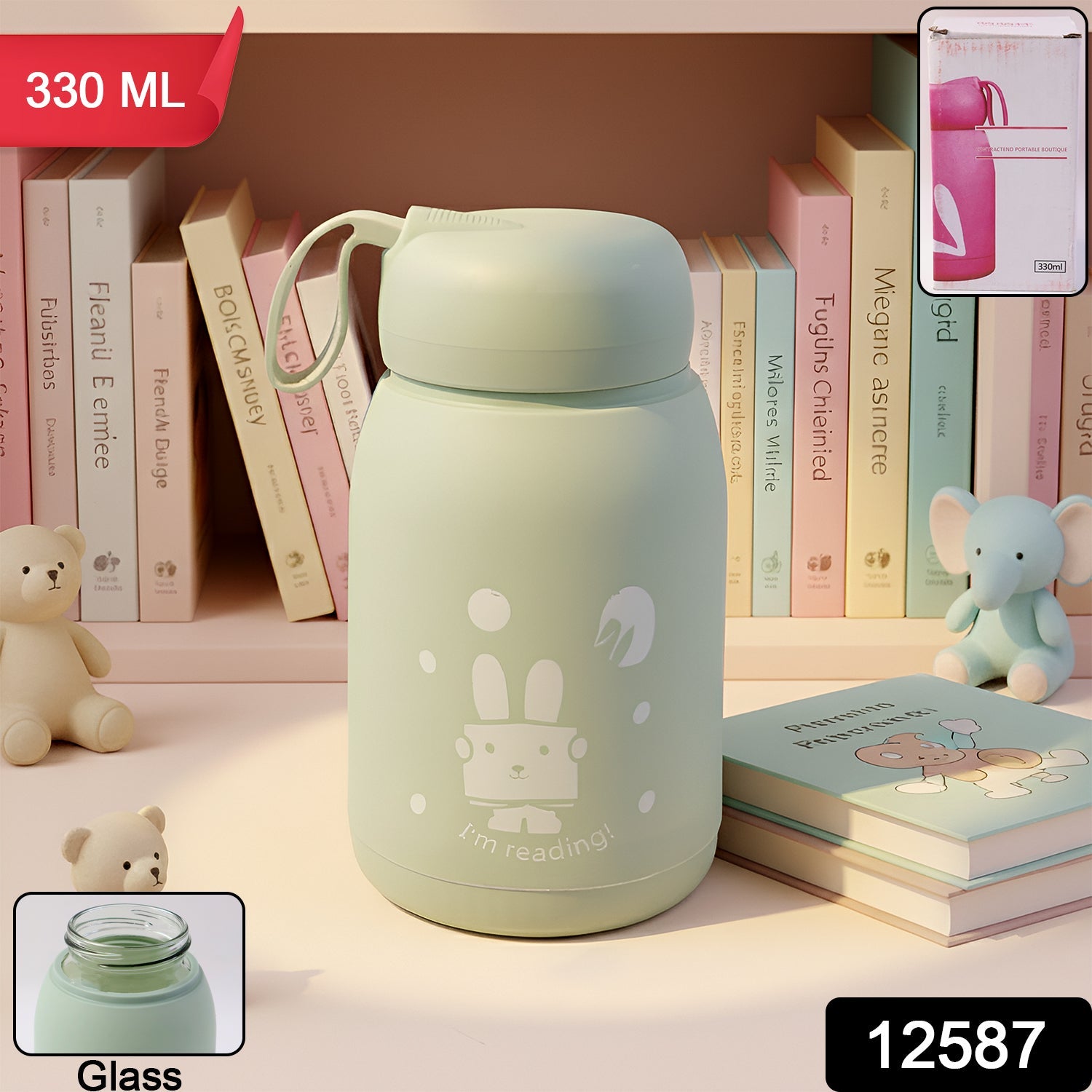 Rabbit Printed Insulated Glass Water Bottle – Leak Proof 330ml Secondary image