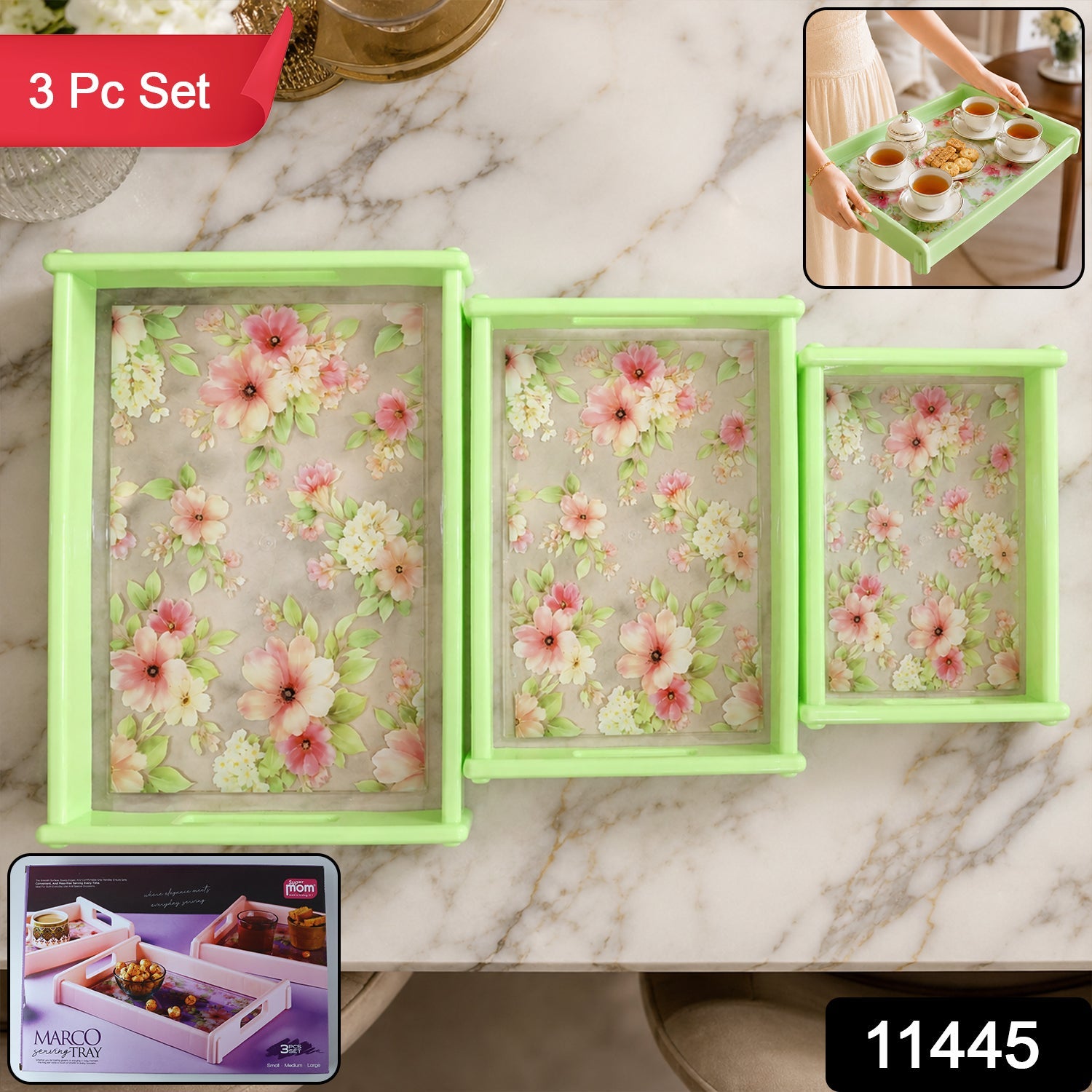 Serving Tray Set – Elegant Floral Design with Side Handles Secondary image