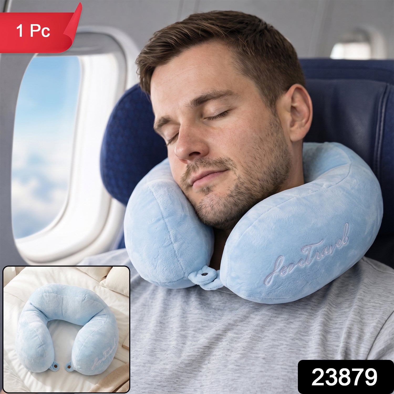 U Shaped Soft Travel Neck Pillow Blue Plush Head Neck Support Cushion (1 Pc) Secondary image
