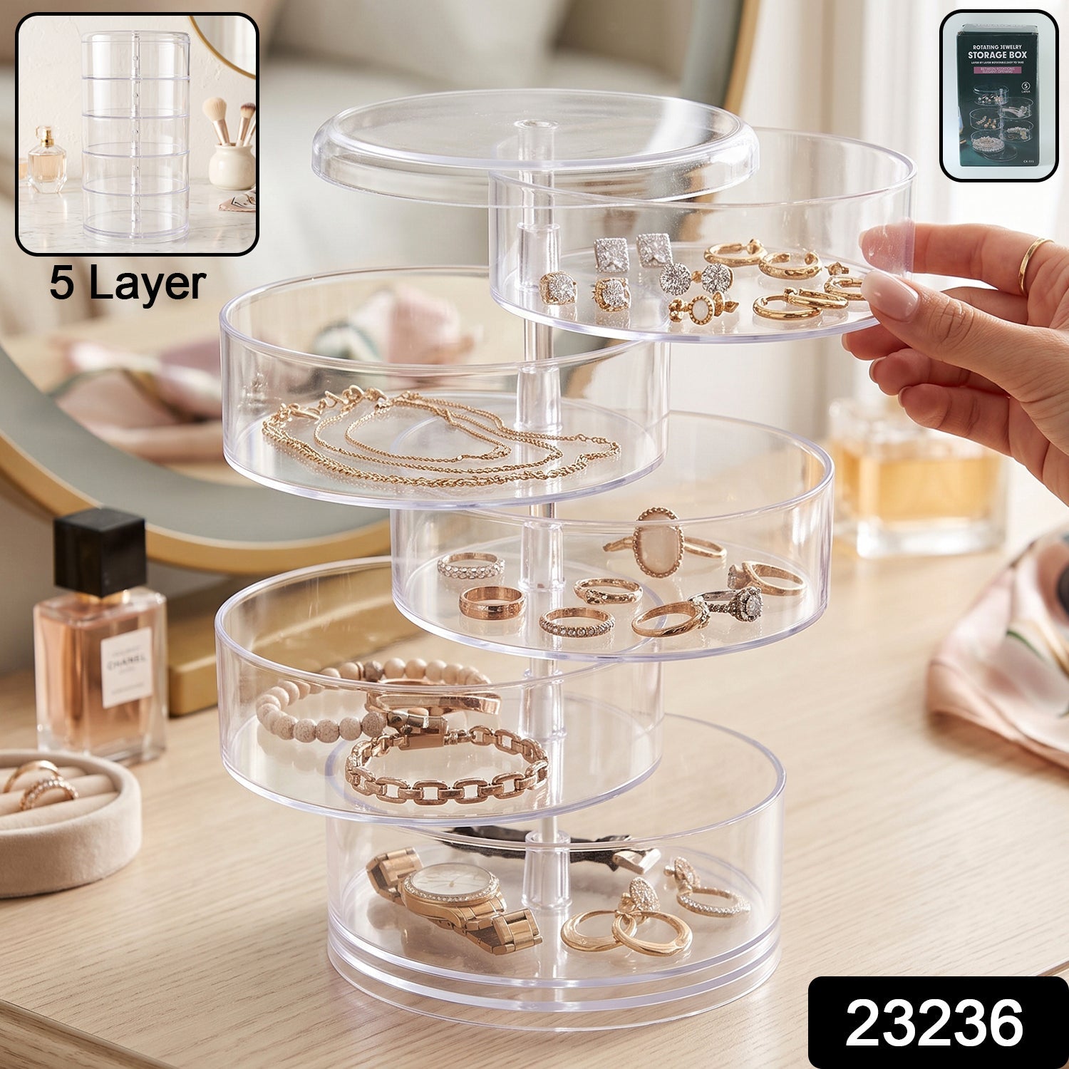 5 Layer Rotating Jewelry Storage Box Organizer for Rings Earrings Watches (1 Pc) Secondary image