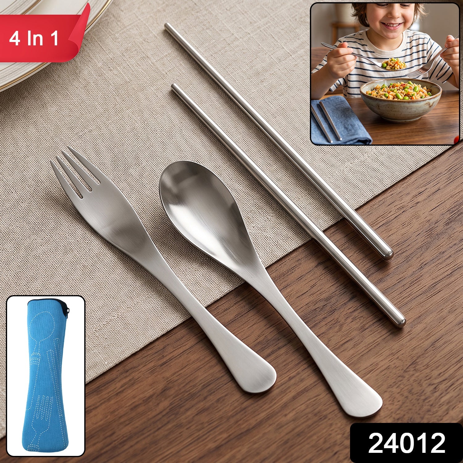 4-in-1 Portable Cutlery Set with Pouch, Steel Spoon Fork and Chopsticks (1 Set) Secondary image