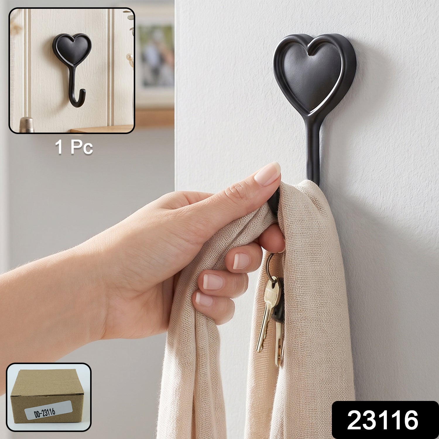 Heavy Duty Self Adhesive Wall Hook Heart Shape Key and Scarf Hanger (1 Pc) Secondary image