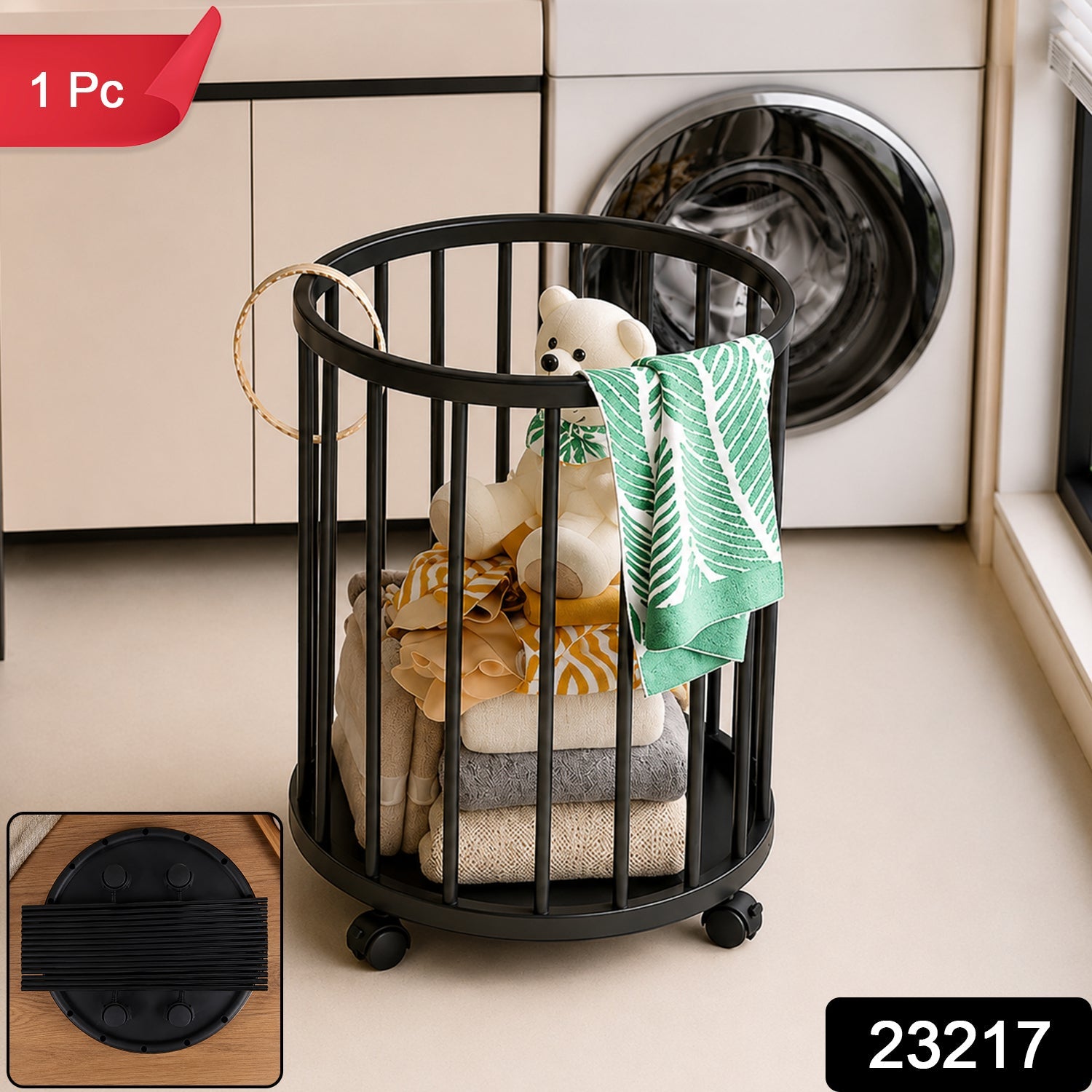 Metal Laundry Basket with Wheels, Round Standing Dirty Clothes Hamper (1 Pc) Secondary image