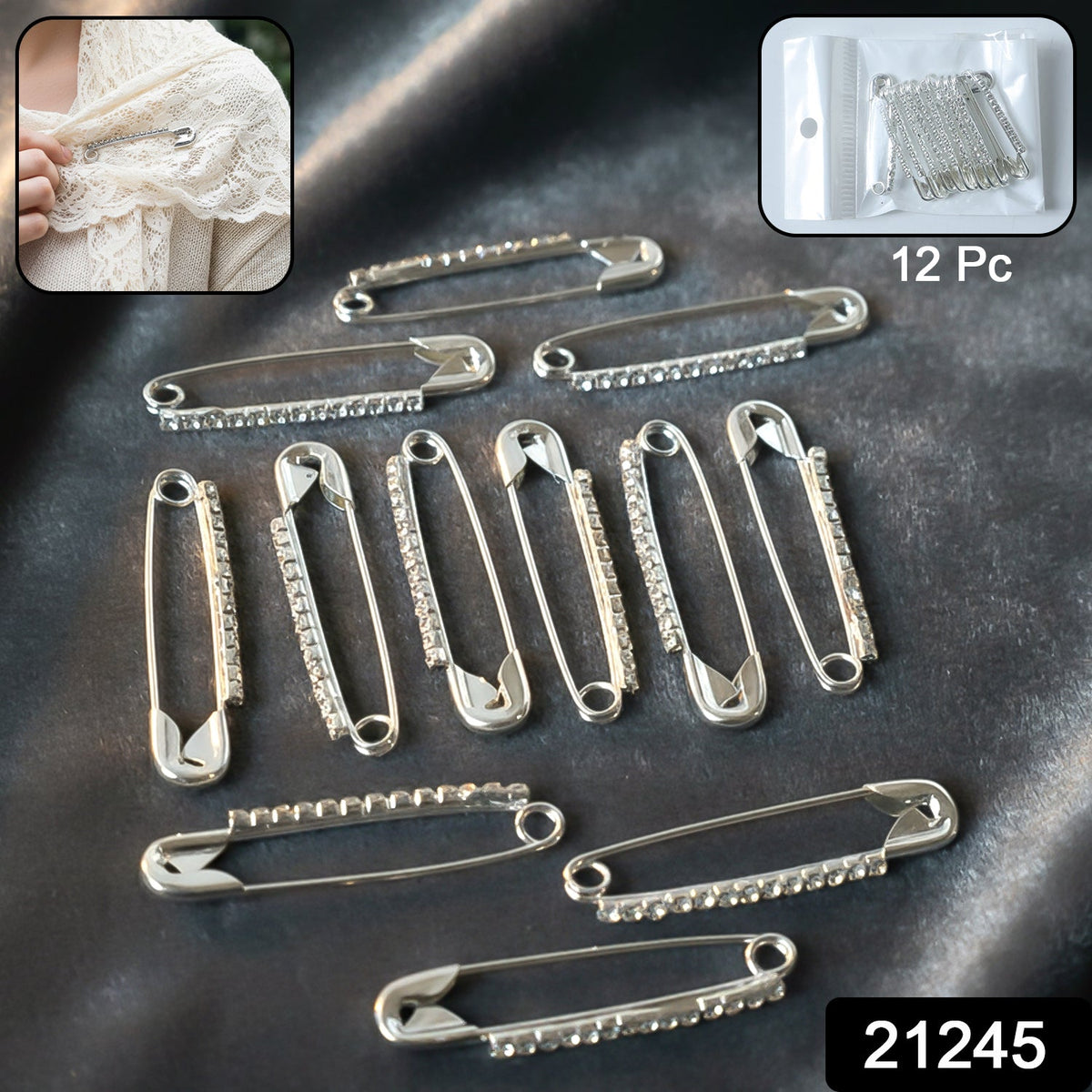 12-piece silver safety pin brooch set with crystal stone accents Main image