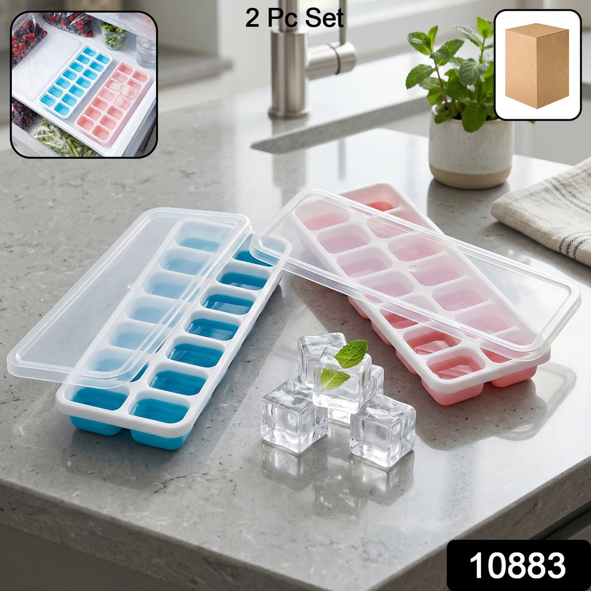 Ice cube tray with 14-grid design and lid for hygienic freezing Main image