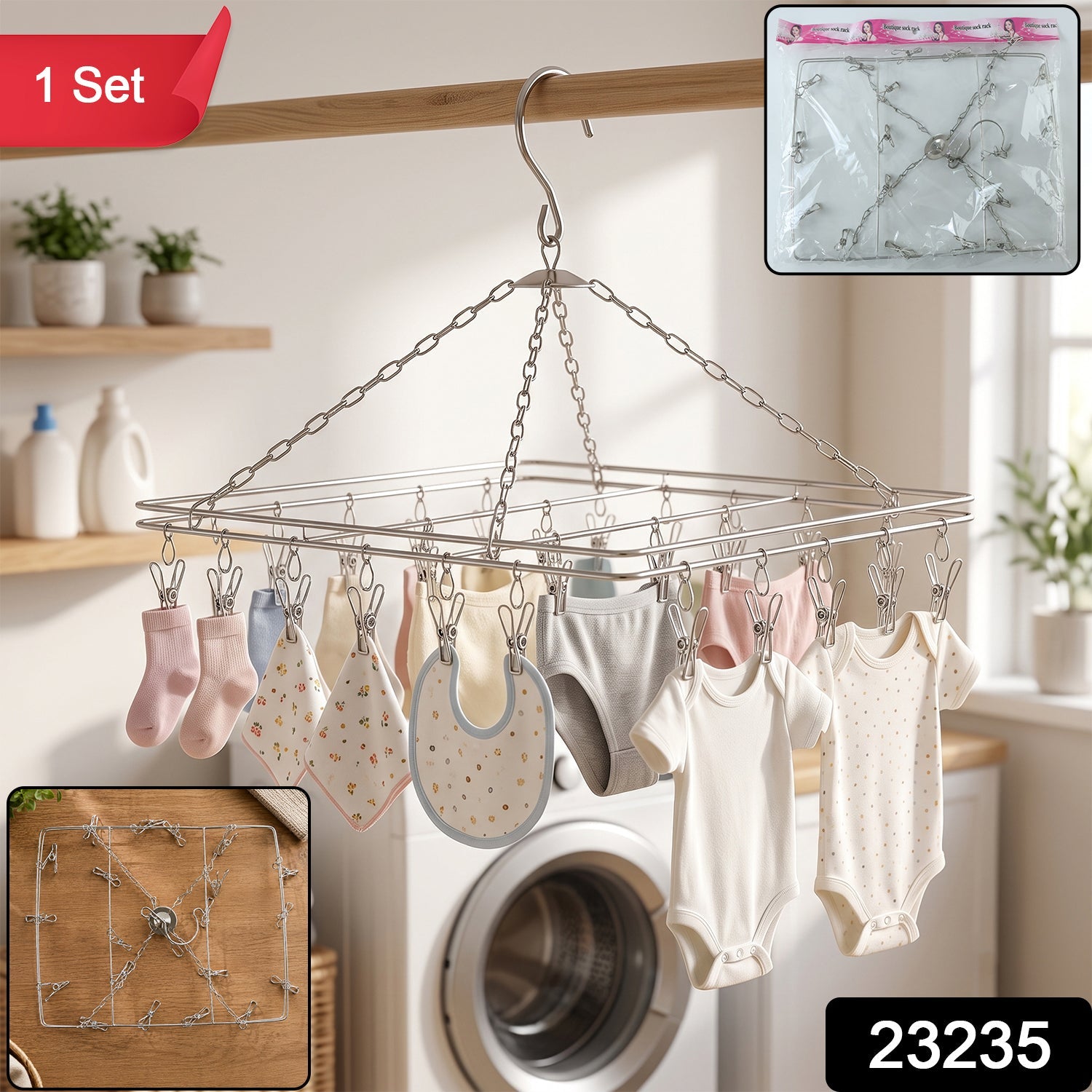 Stainless Steel Square Multi Clip Drying Hanger for Socks, Baby Clothes (1 Set) Secondary image
