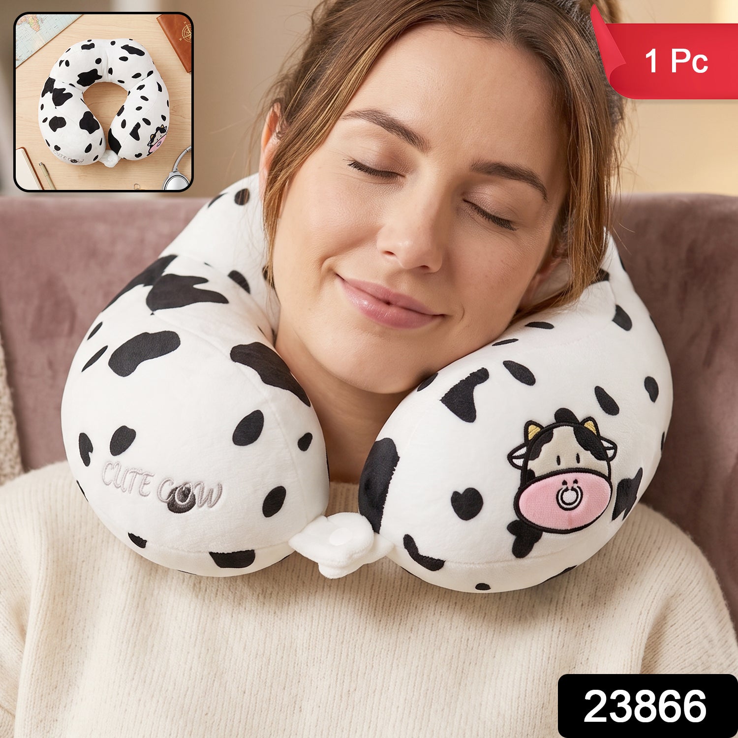 U-Shaped Travel Neck Pillow, Cute Cow Print Soft Plush Pillow for Travel (1 Pc) Secondary image