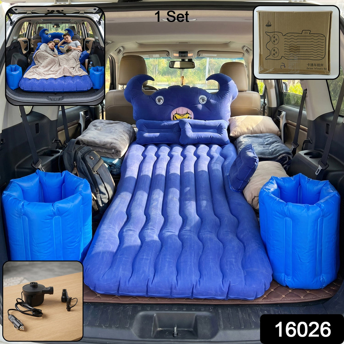 Inflatable car air mattress set up inside vehicle with cushions and pump Main image