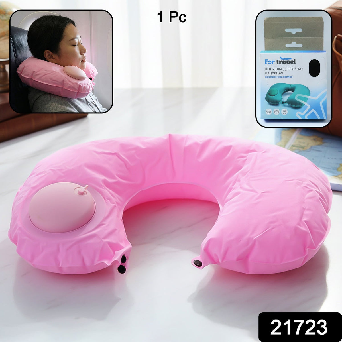 Person using inflatable travel neck pillow on airplane for neck support Main image