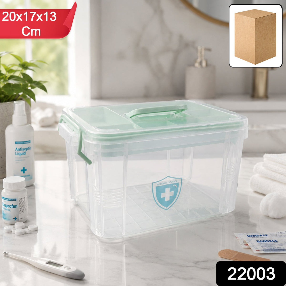 Transparent plastic medicine storage box with handle for easy carrying Main image