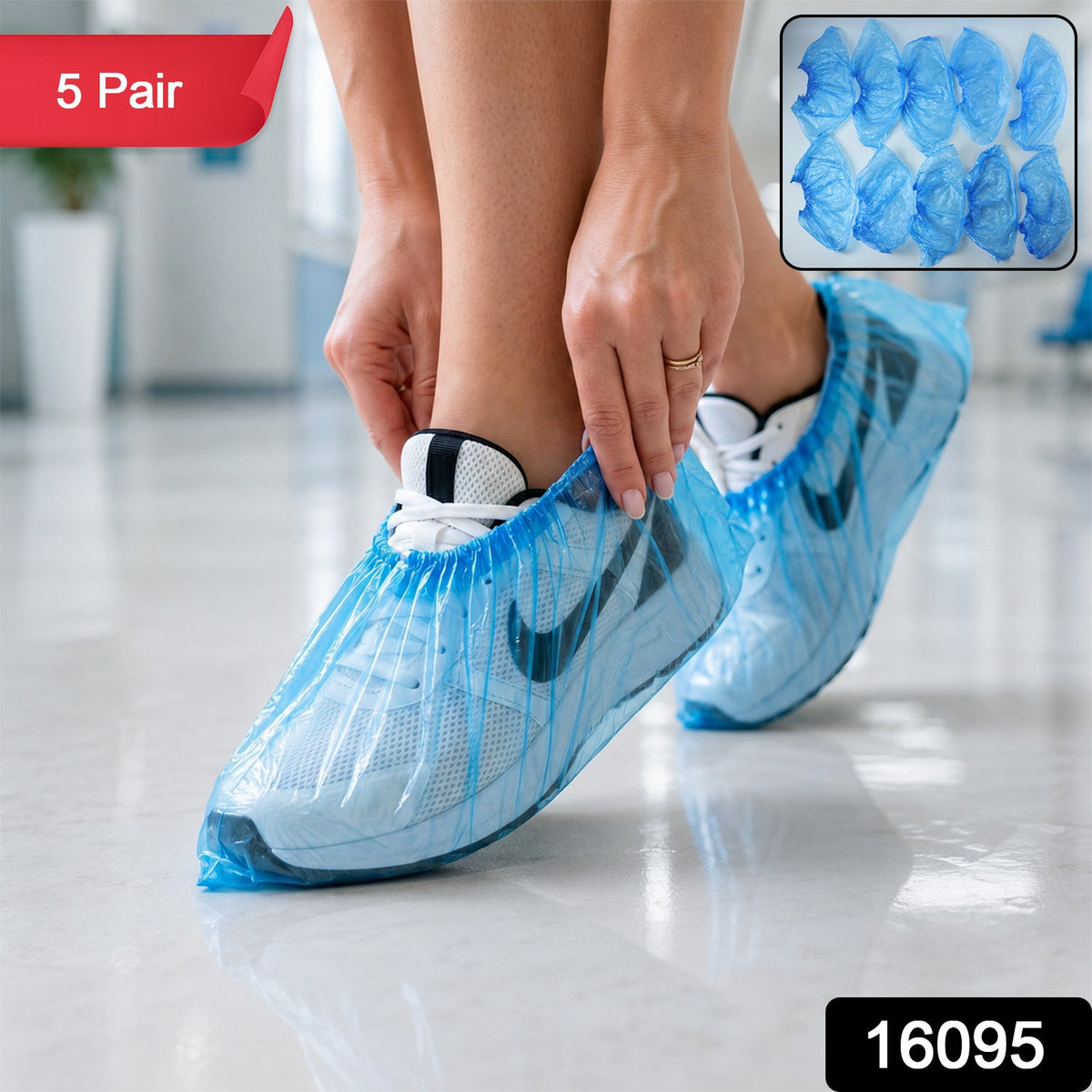 Blue disposable plastic shoe covers with elastic fit for shoes Main image