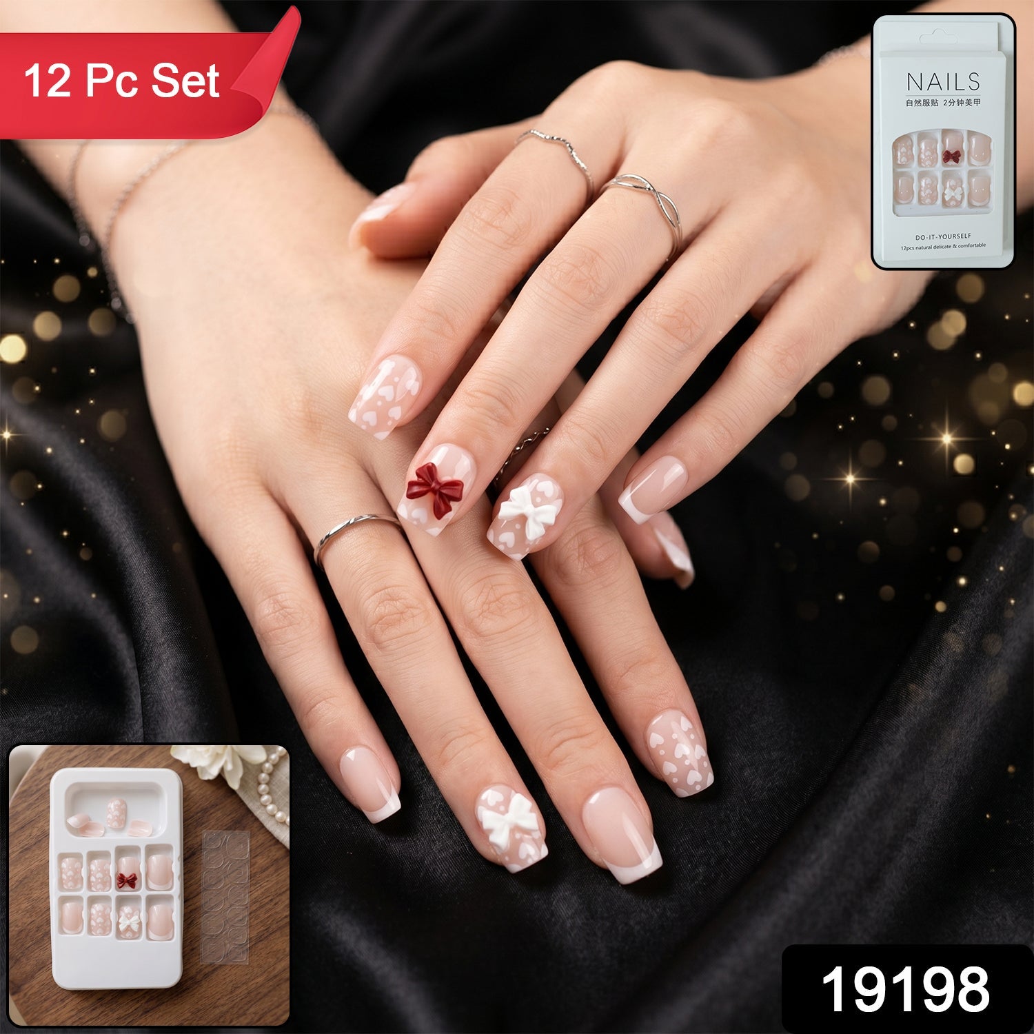 Press-On Nail Tips – Glitter 3D Floral Design with Strong Glue (Mix Design) Secondary image