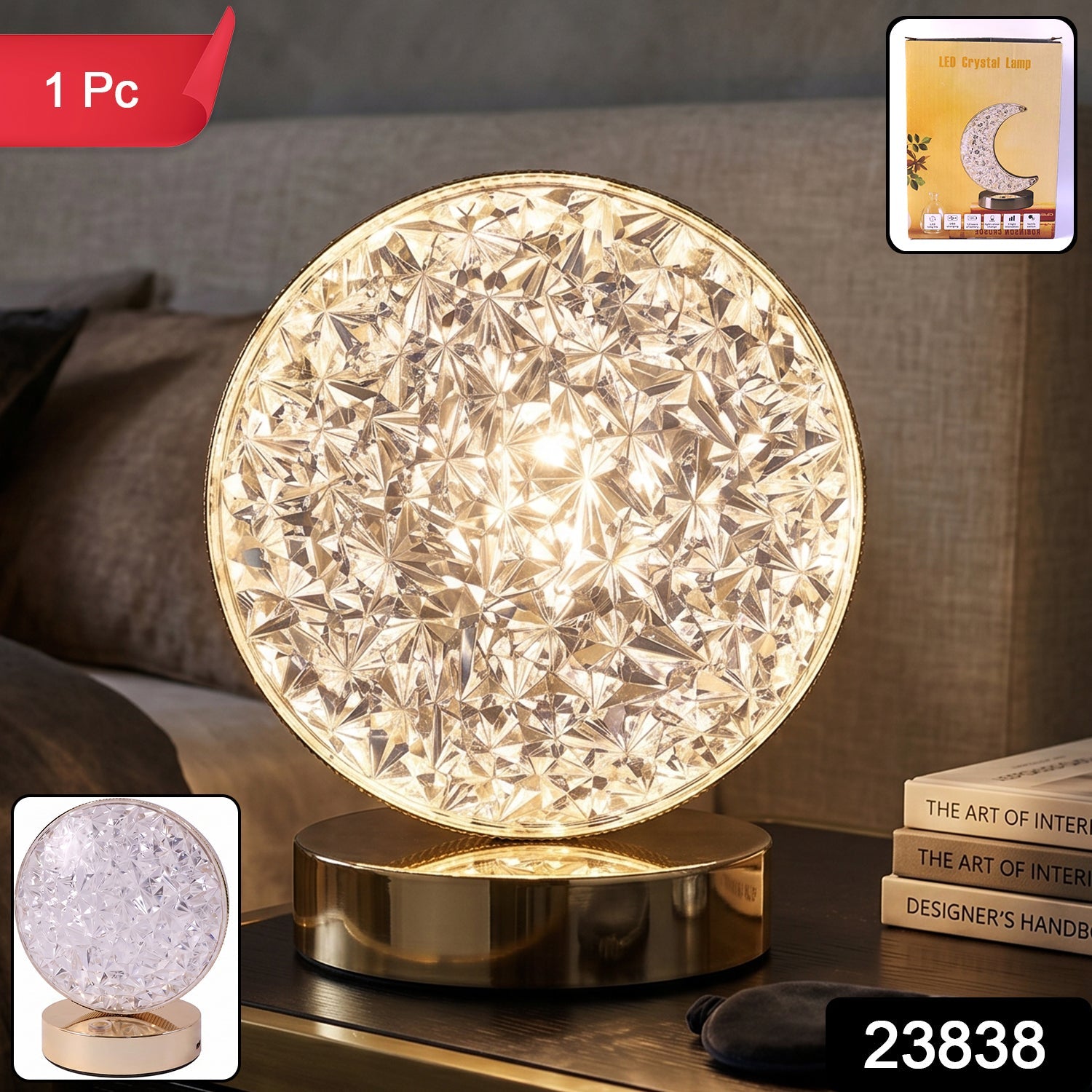 Round Crystal LED Table Lamp – Dimmable Touch & USB Rechargeable Secondary image