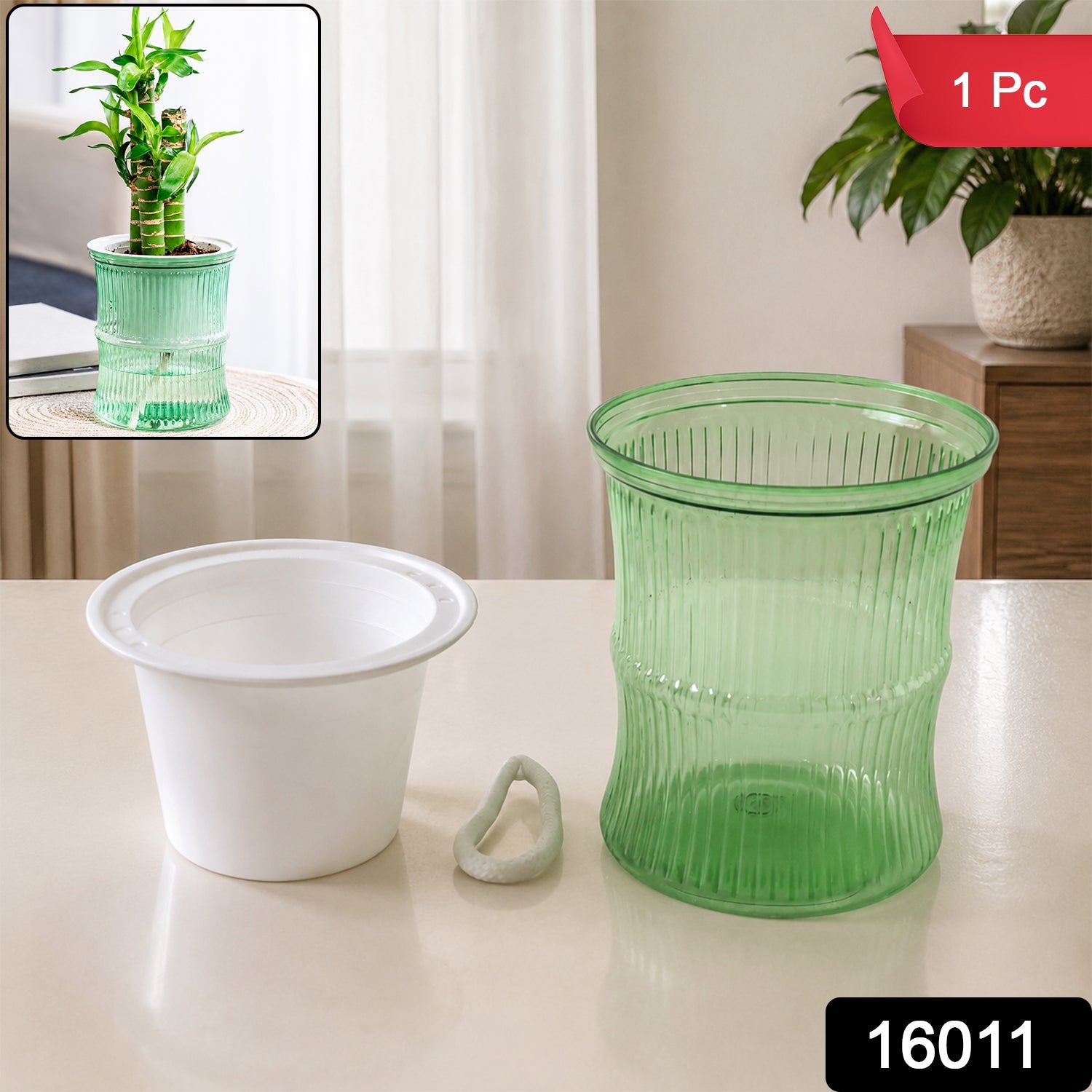 Self-Watering Bamboo Style Plastic Flower Pot – Easy Indoor Plant Care Secondary image