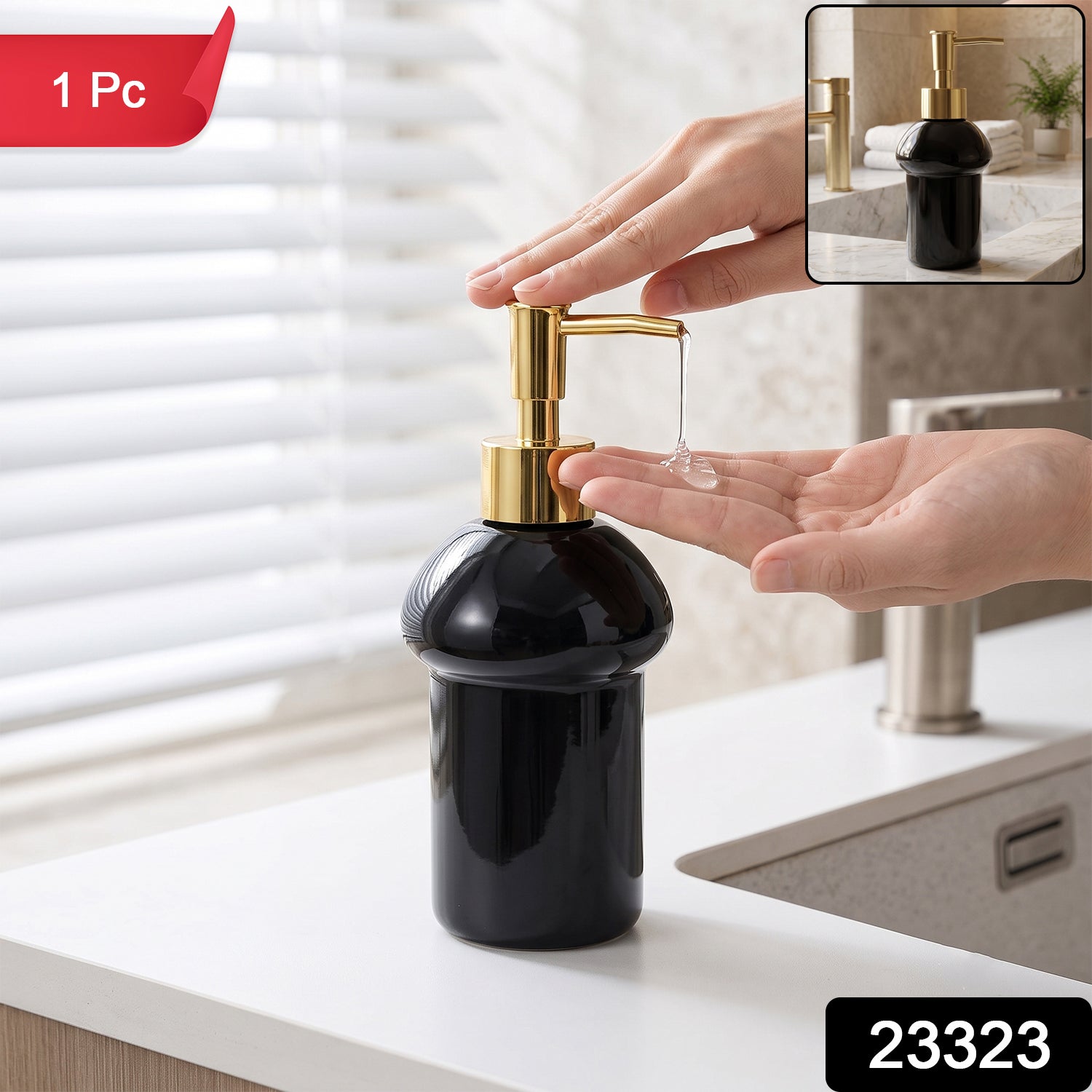Black Glass Liquid Soap Dispenser Bottle with Gold Pump Refillable (1 Pc) Secondary image