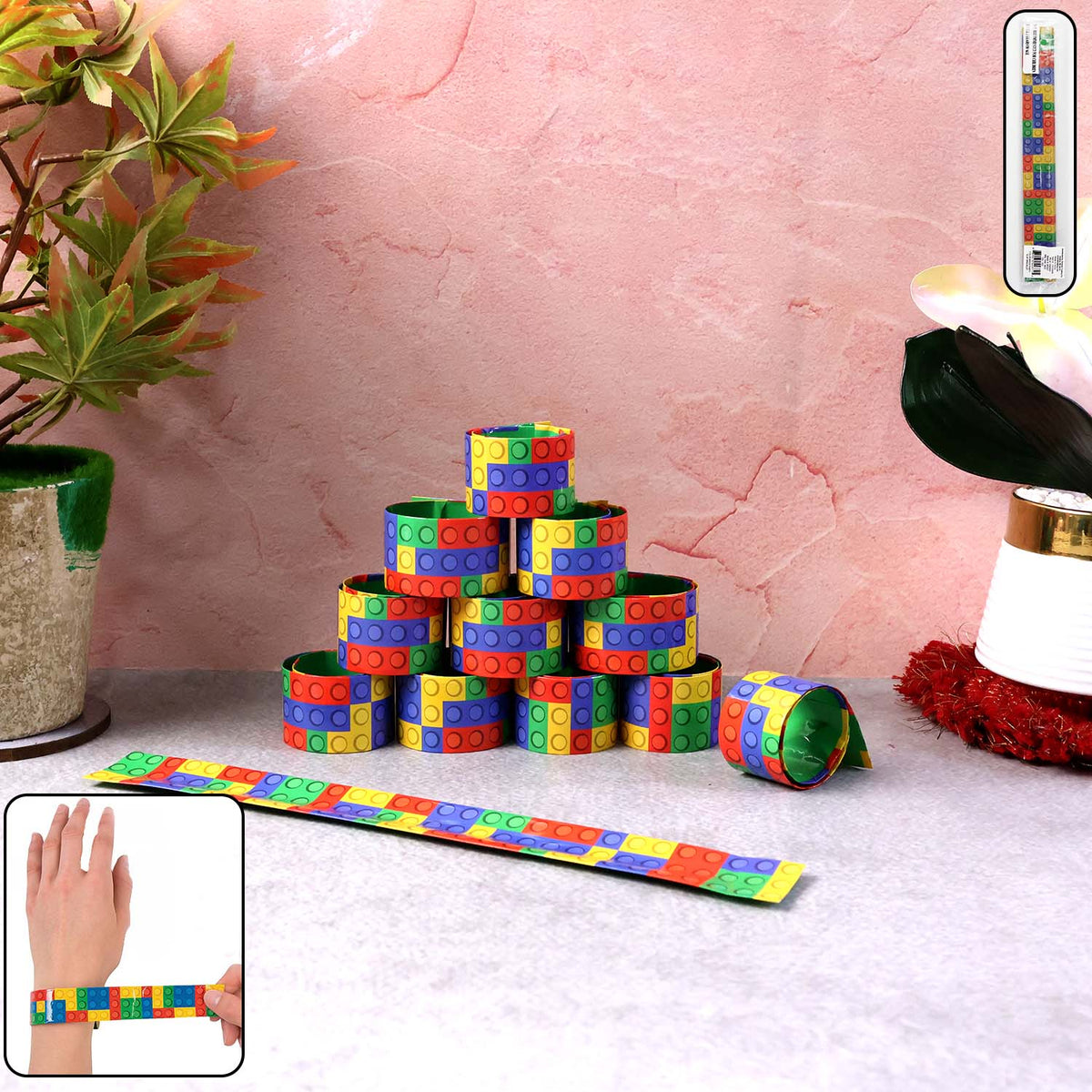 12-piece colorful snap slap bracelets with vibrant multicolor brick patterns Main image