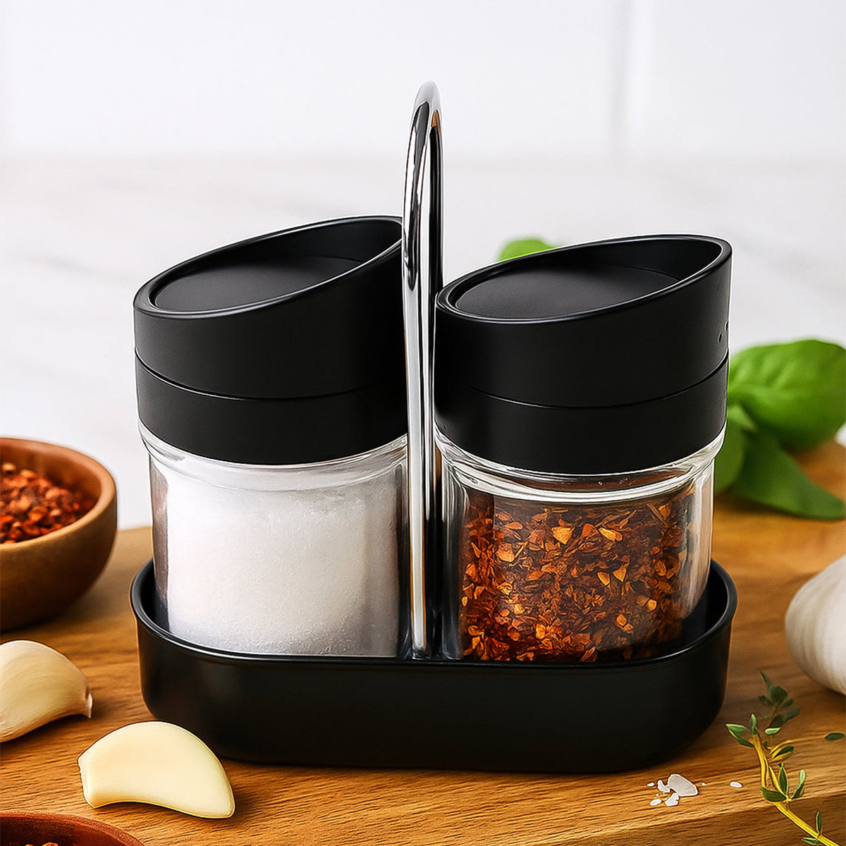Salt N Pepper Plastic Jar Set with chrome finish stand Main image