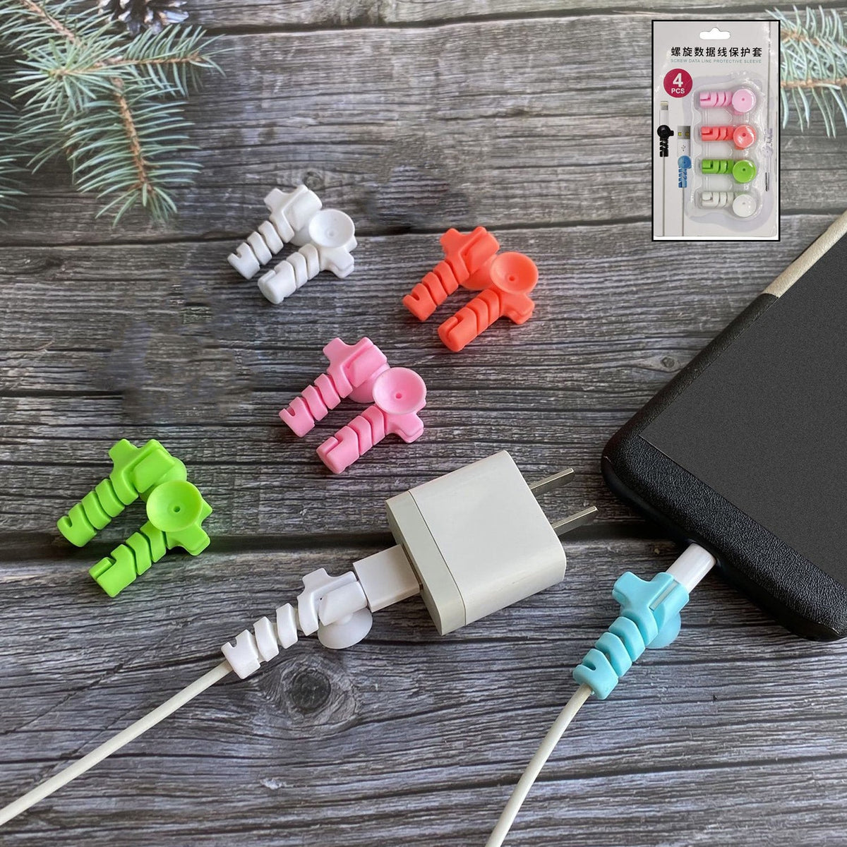 White cable protector securing a charging cable with suction end, preventing bends. Main image