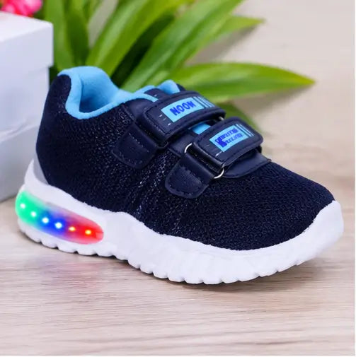 Kids LED Light Sports Shoes – Sky Blue Synthetic Sneakers with Velcro Strap for Boys & Girls