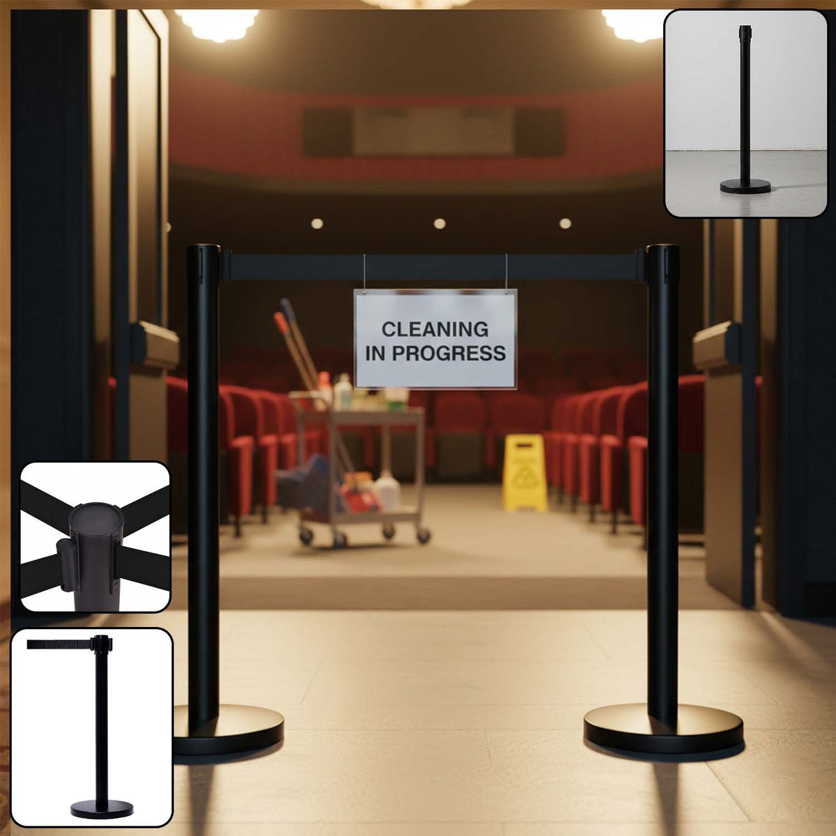 Heavy duty retractable belt crowd control pole with sturdy base for queue management Main image