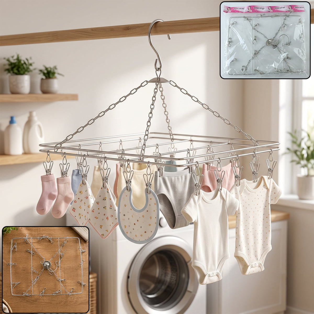 Stainless steel square multi clip drying hanger for socks and baby clothes (1 set) Main image