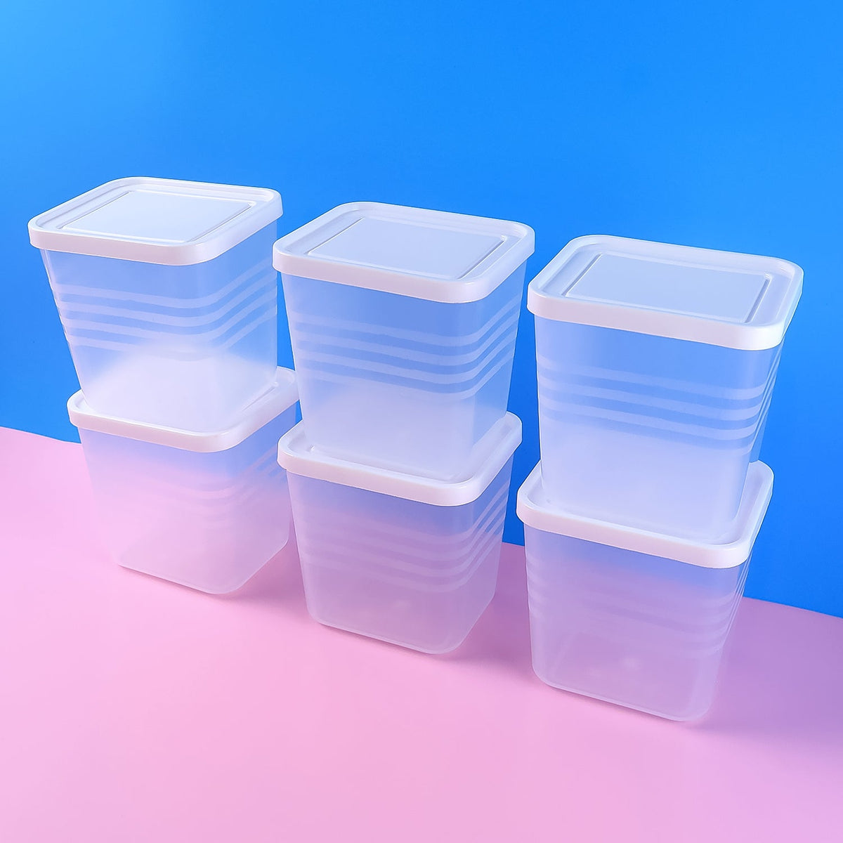 6-piece airtight square plastic food storage container set with clear bodies and white lids Main image