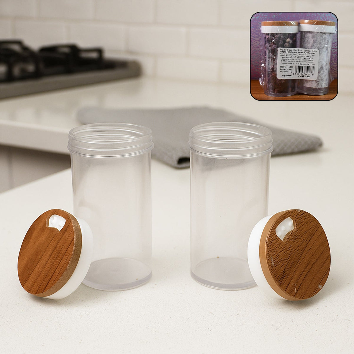 Airtight Kitchen Storage Jar Set with transparent body and wooden lids Main image