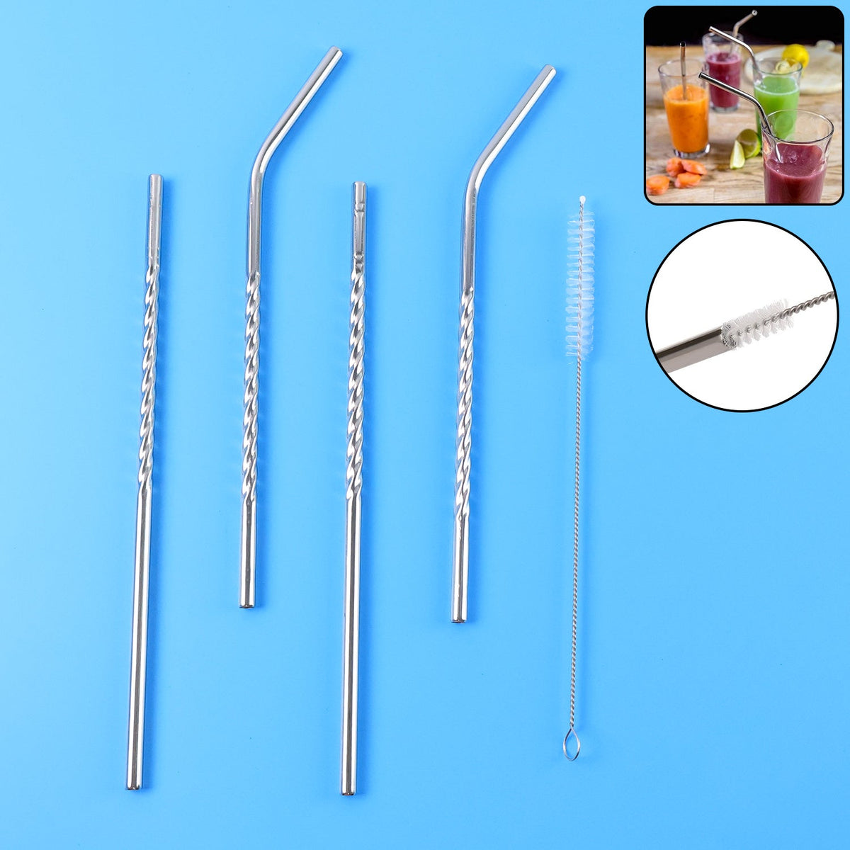 Set of 4 reusable stainless steel straws with cleaning brush on a clean white background. Main image