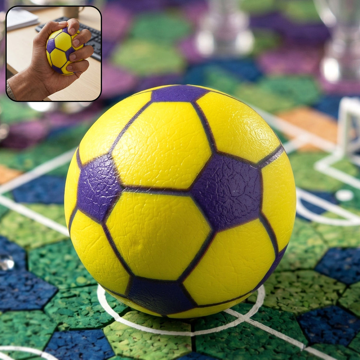 Mini rubber stress ball with soccer design in yellow and purple Main image