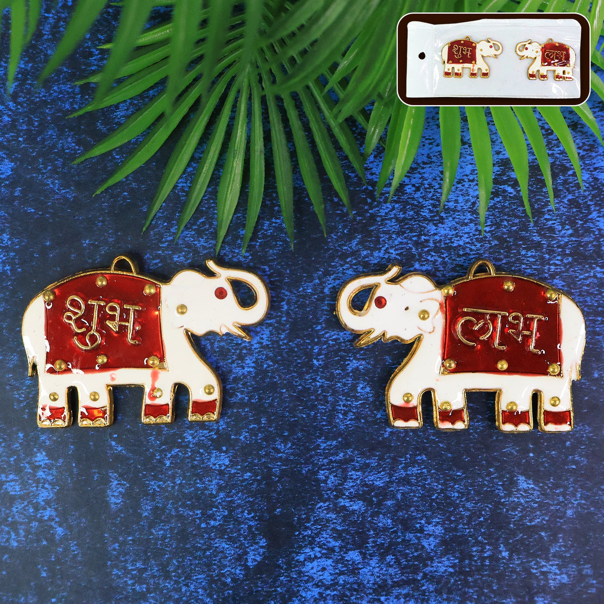 Set of Shubh Labh Elephant decorative wall hangings in red and gold colors Main image