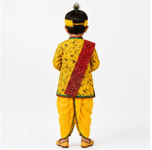 Traditional Krishna Dress for Kids with Printed Kurta, Dhoti Pants, Peacock Feather Headband & Flute, 7-9 Years, 1 Set