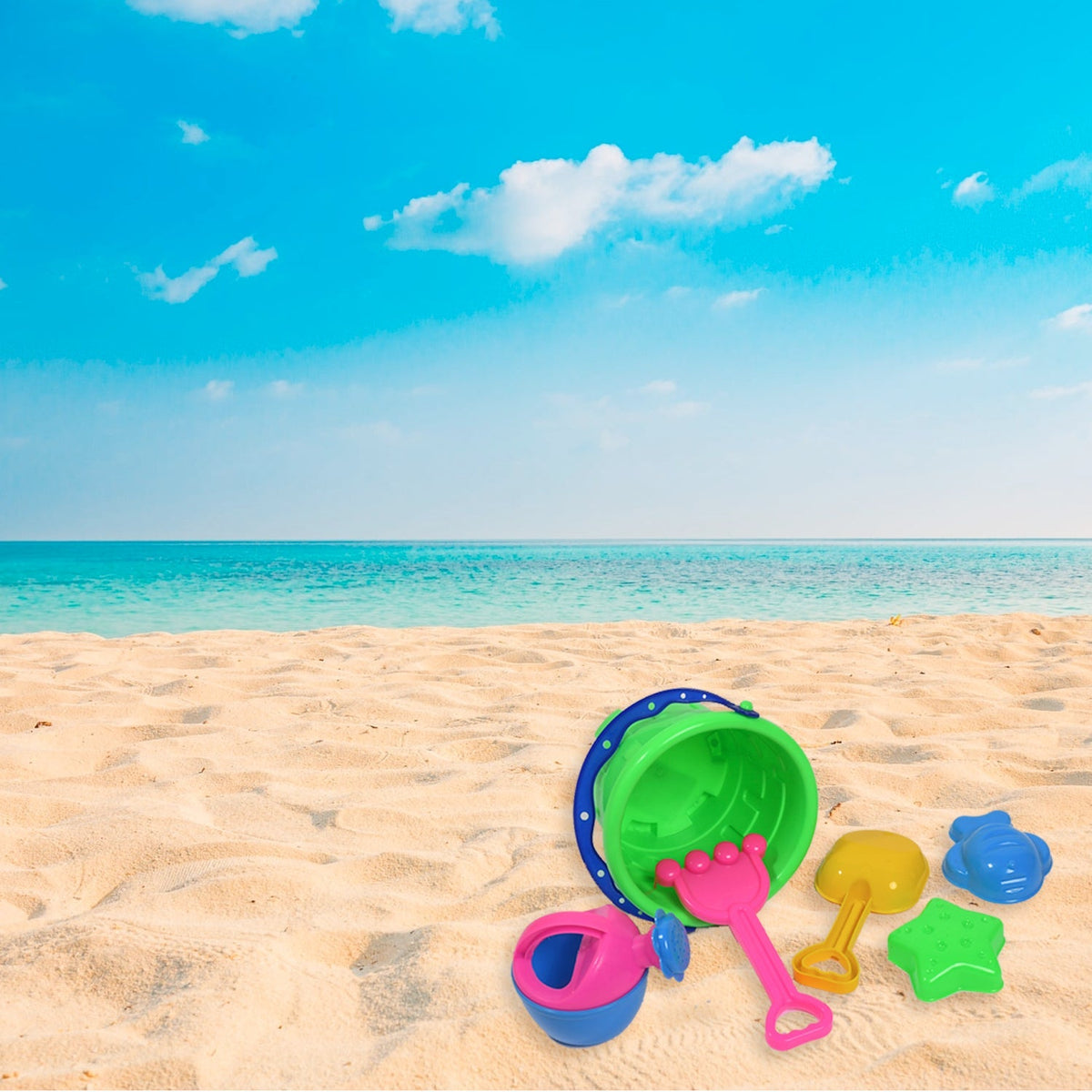 Kids building a sandcastle with the 6-piece beach sand castle toy set. Main image